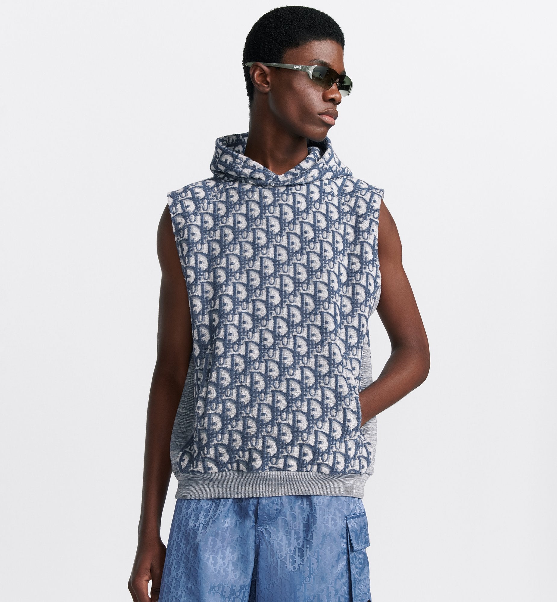 Oblique Sleeveless Hooded Sweatshirt Blue And White Terry Cotton Jersey