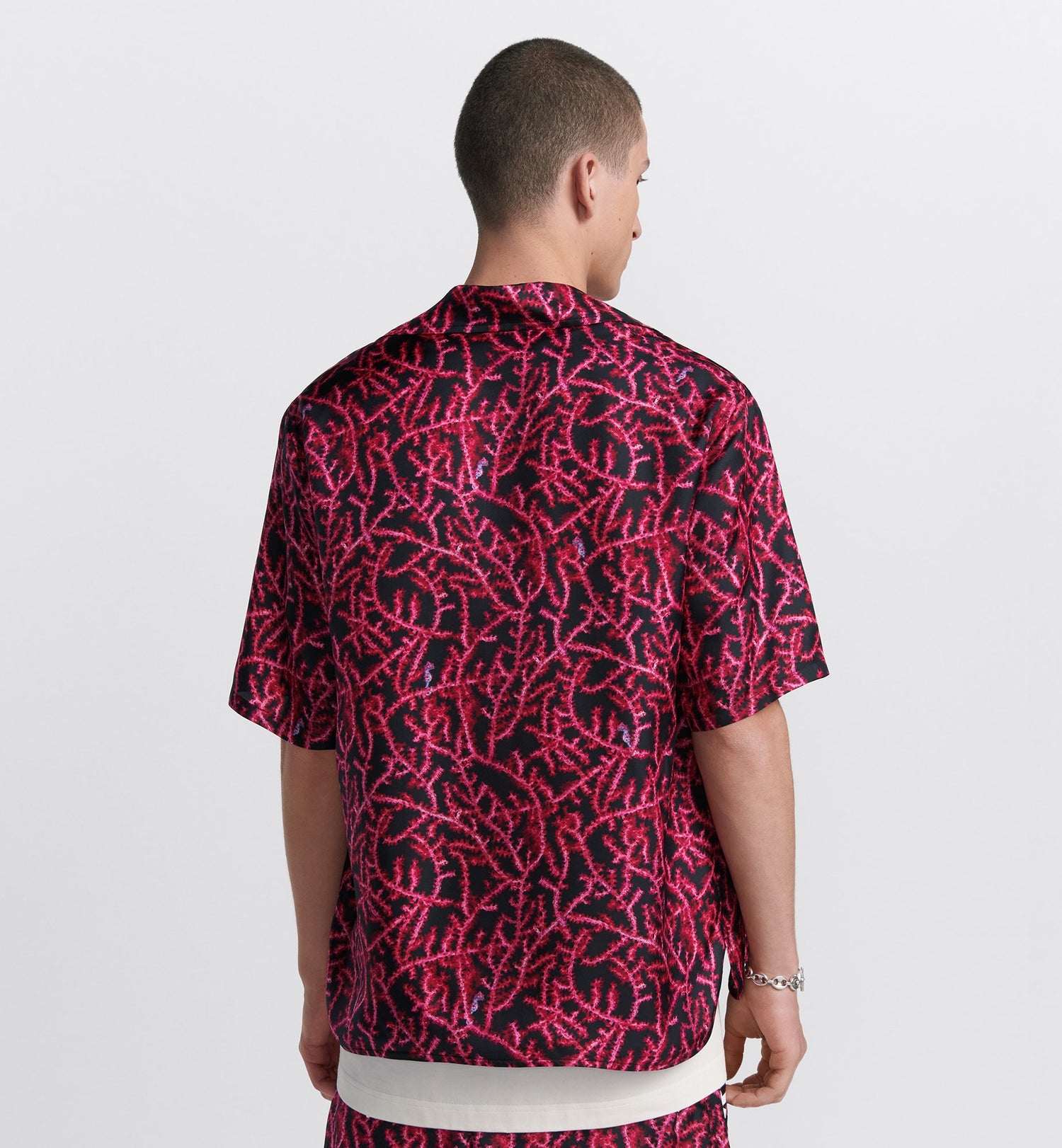 Italic Short-Sleeved Shirt Black And Red Silk Twill With Coral Motif