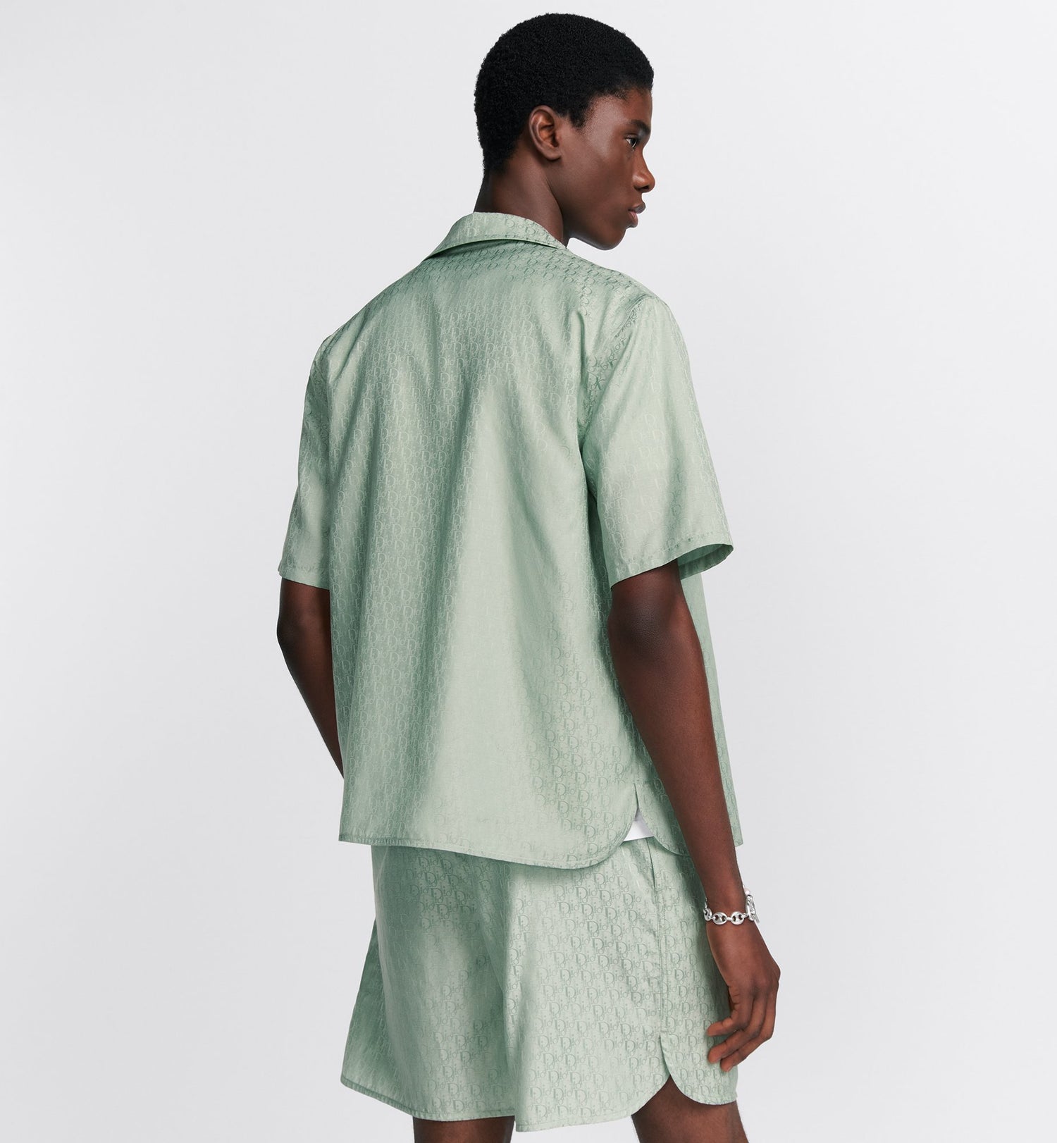 Oblique Short Sleeved Shirt Green Silk And Cotton Jacquard