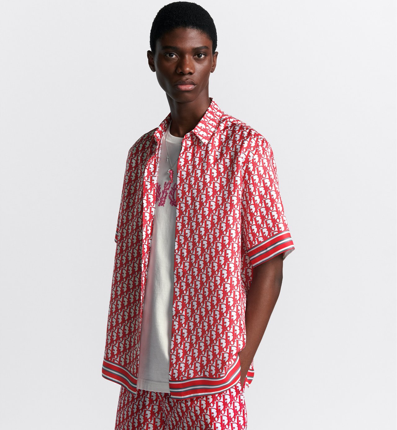 Oblique Short-Sleeved Shirt Red And White Silk Twill