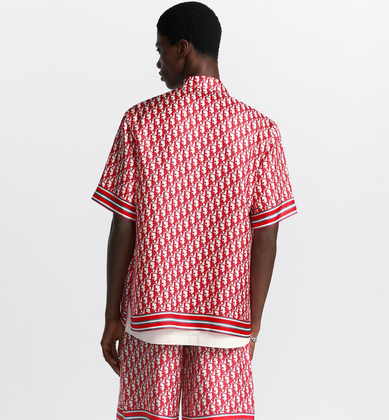 Oblique Short-Sleeved Shirt Red And White Silk Twill