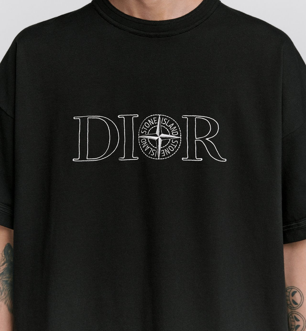 Dior And Stone Island T-Shirt Oversized Fit Black Cotton Jersey