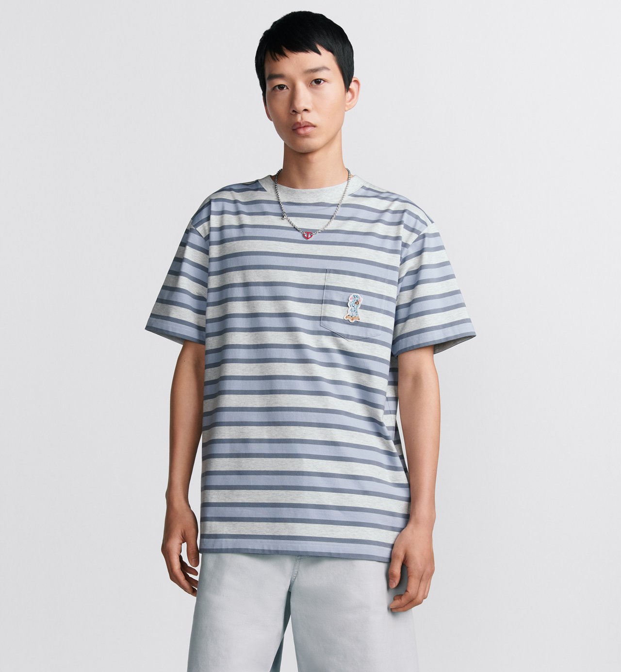 Relaxed Fit T-Shirt Gray Cotton Jersey With Stripes