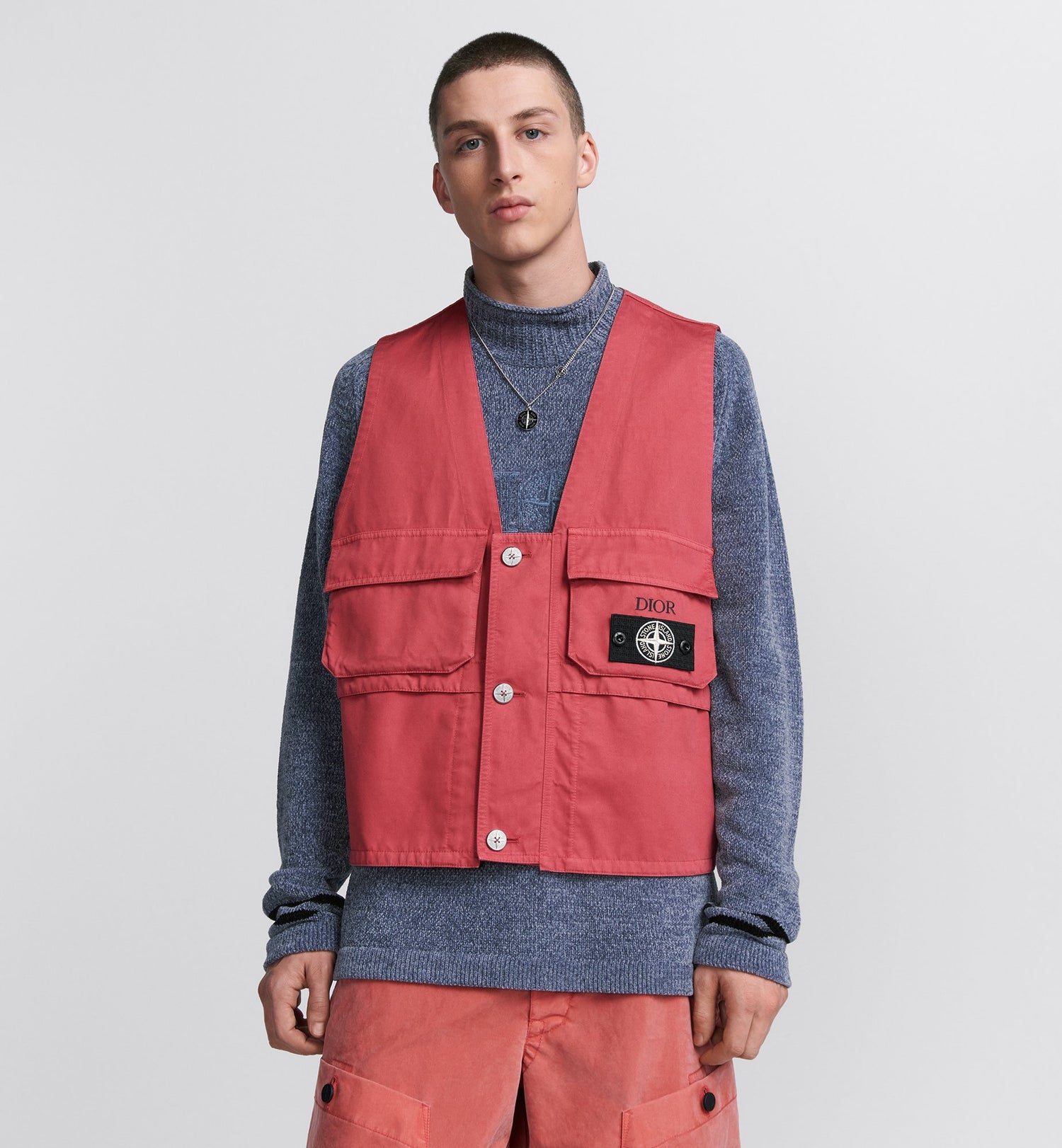 Dior And Stone Island Vest Red Cotton-Blend Satin