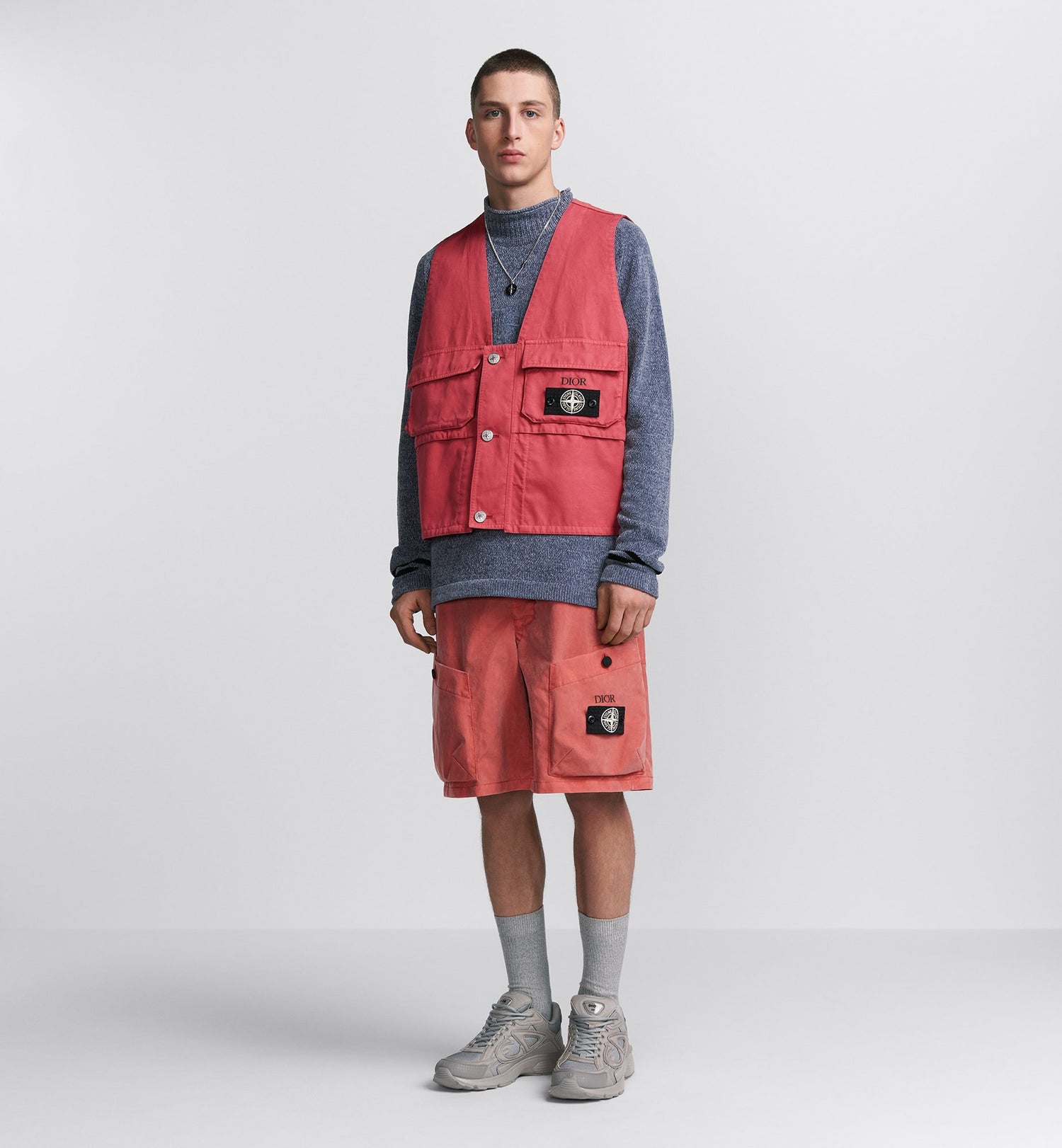 Dior And Stone Island Vest Red Cotton-Blend Satin