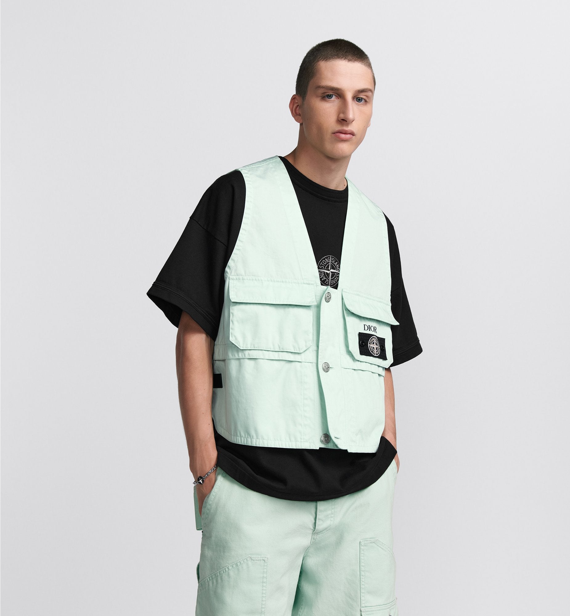 Dior And Stone Island Vest Light Green Cotton-Blend Satin