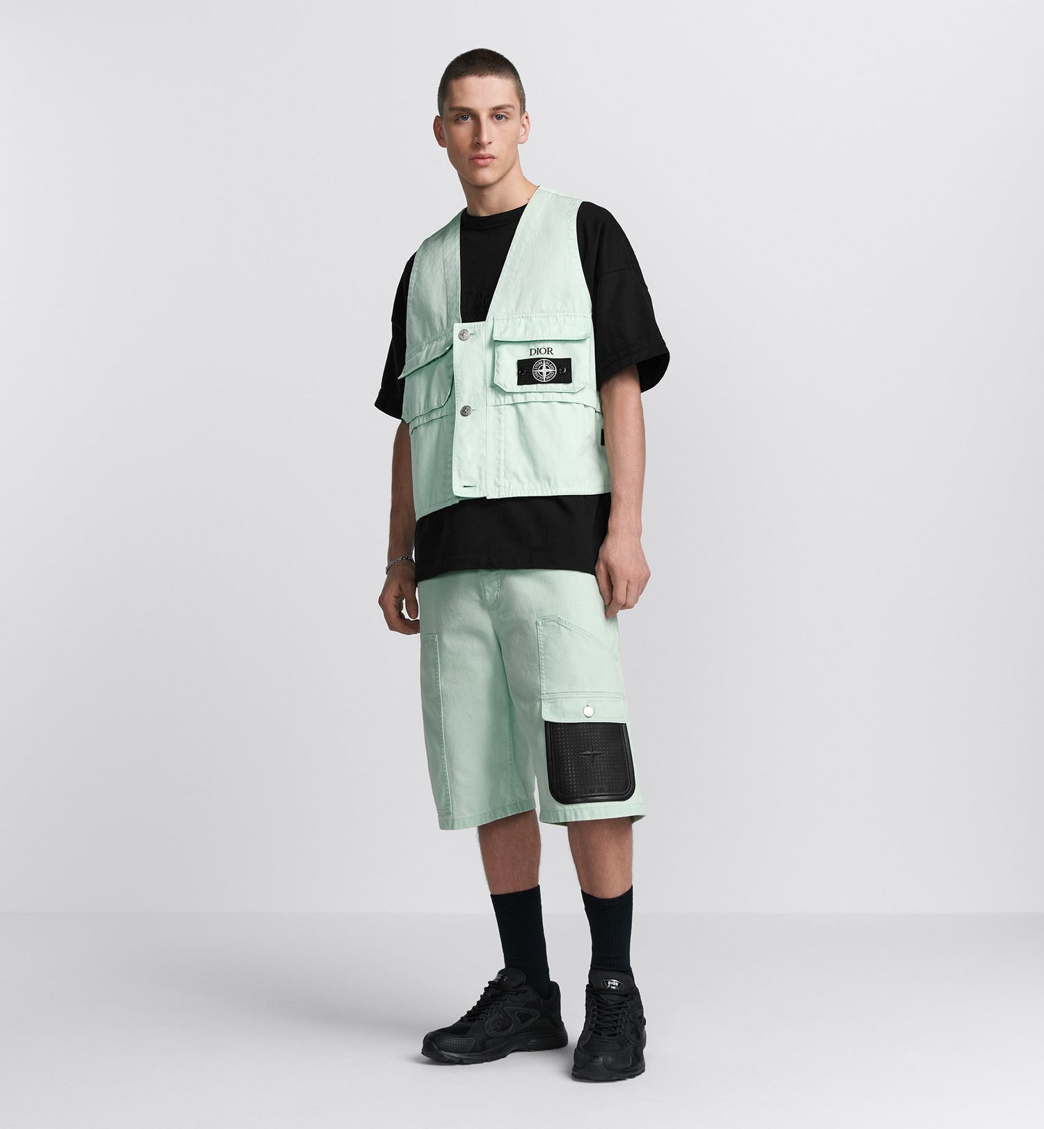 Dior And Stone Island Vest Light Green Cotton-Blend Satin