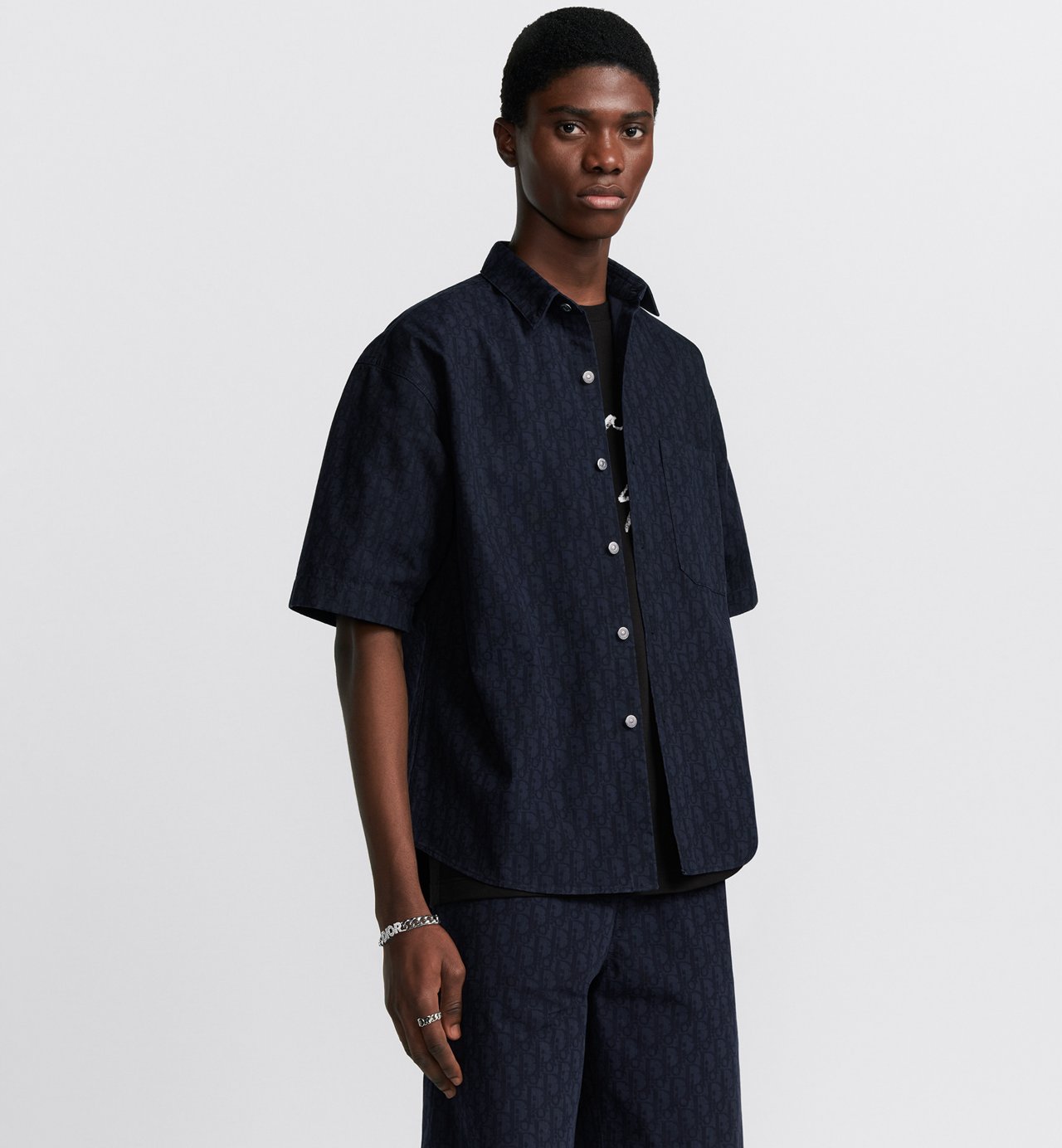 Short-Sleeved Overshirt Navy Blue And Black Dior Oblique Kasuri Cotton Denim