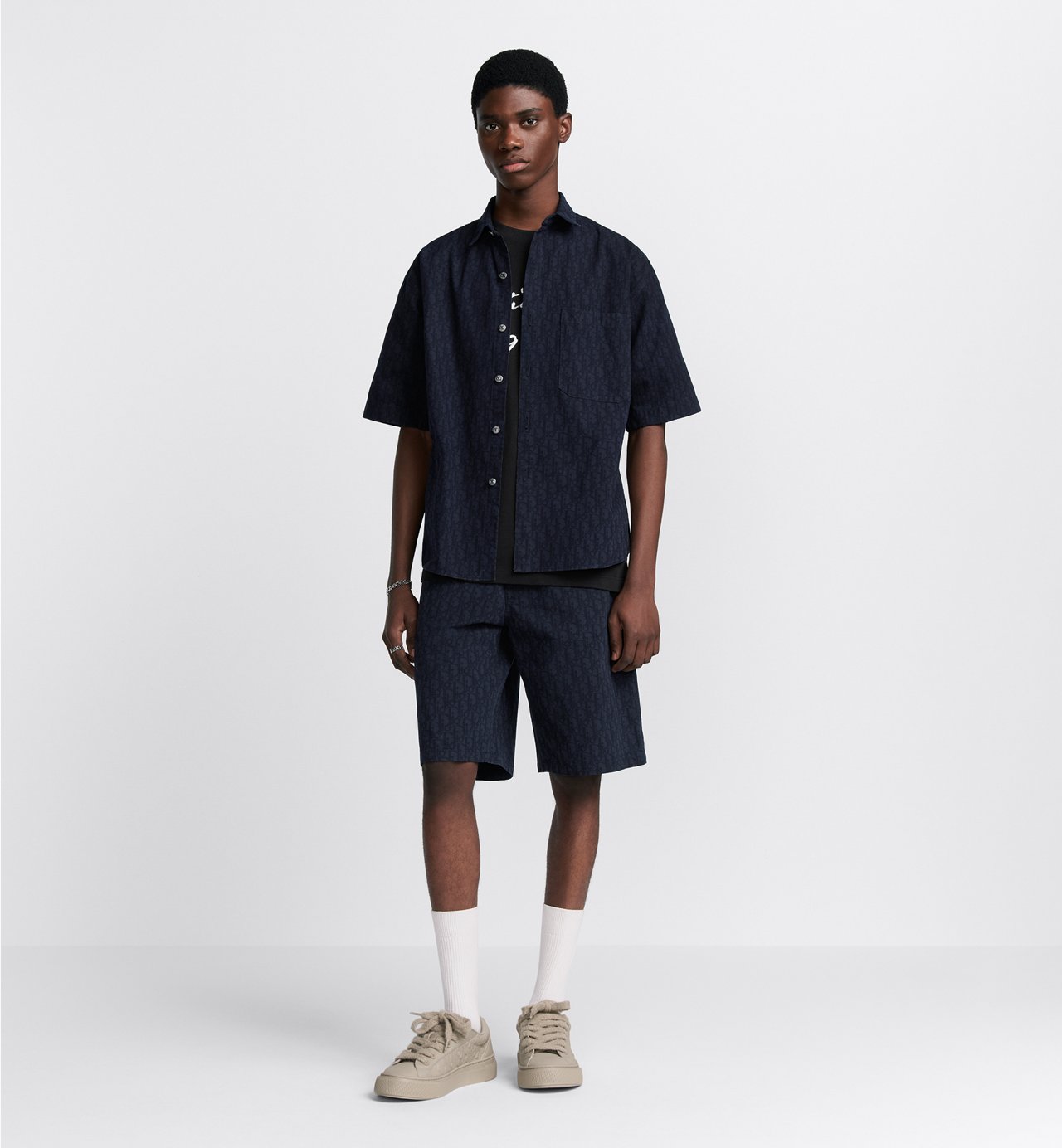 Short-Sleeved Overshirt Navy Blue And Black Dior Oblique Kasuri Cotton Denim