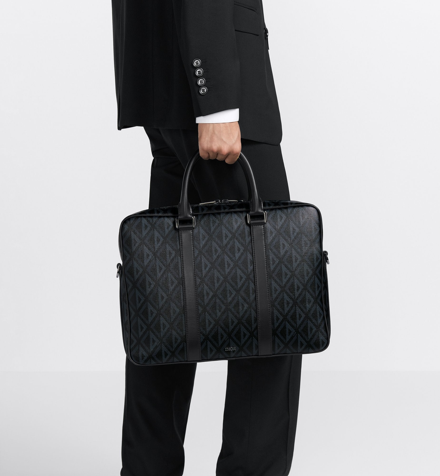 Zipped Briefcase Black Coated Cotton Canvas With Cd Diamond Print And Black Grained Calfskin