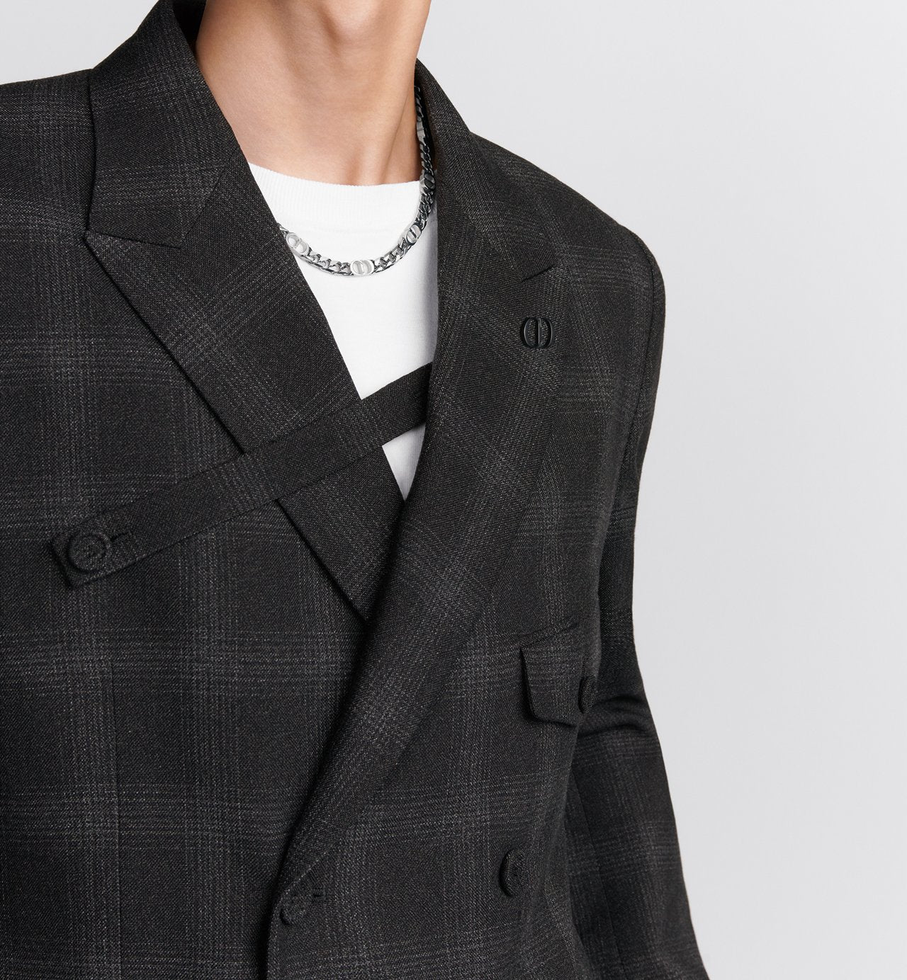 Double Breasted Jacket With Buttoned Strap Black Checkered Wool