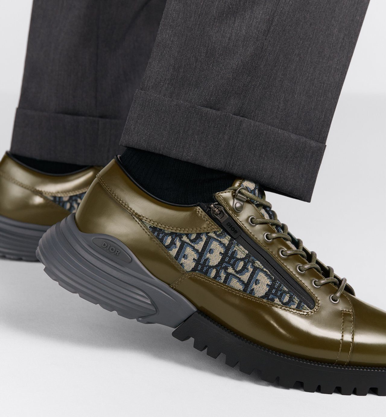 Dior Combat Derby Shoe Khaki Polished Calfskin With Beige And Black Dior Oblique Jacquard