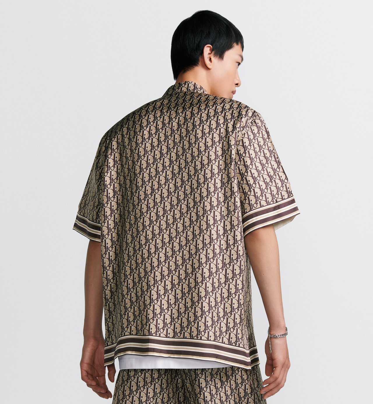 Oblique Short-Sleeved Shirt Beige And Brown Silk Twill