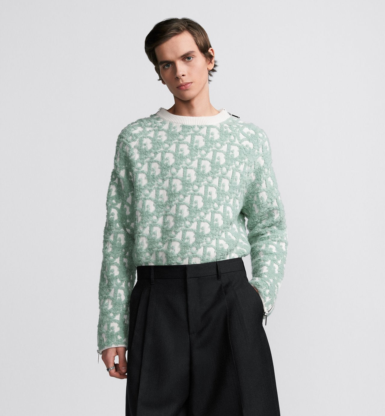 Oblique Sweater White And Light Green Virgin Wool And Cotton-Blend Jacquard