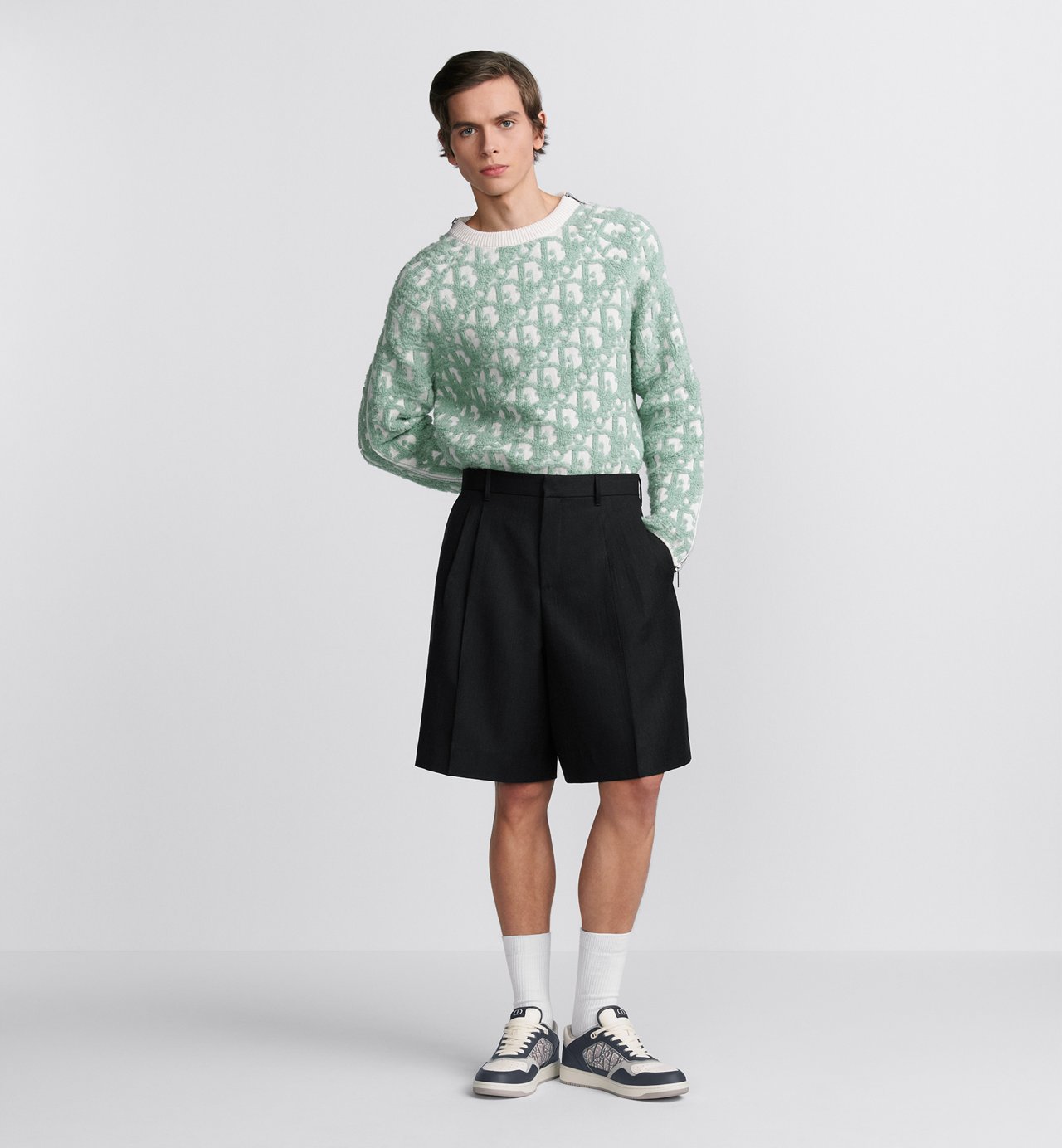 Oblique Sweater White And Light Green Virgin Wool And Cotton-Blend Jacquard