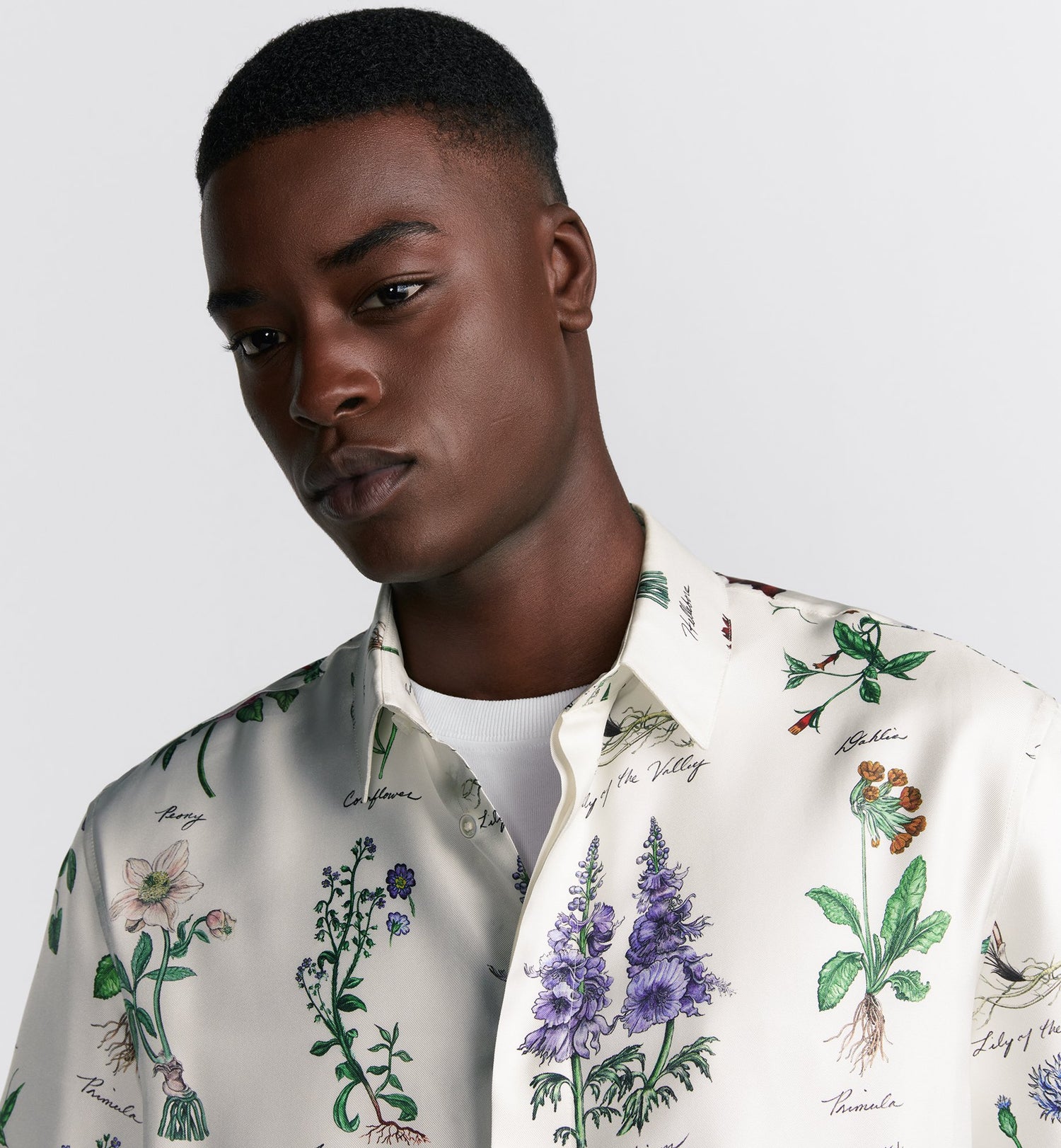 Herbarium Illustration Short-Sleeved Shirt White Silk