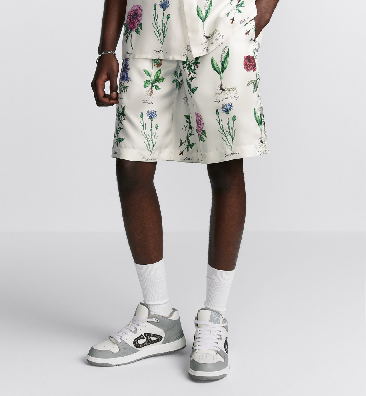 Herbarium Illustration Bermuda Shorts White Silk