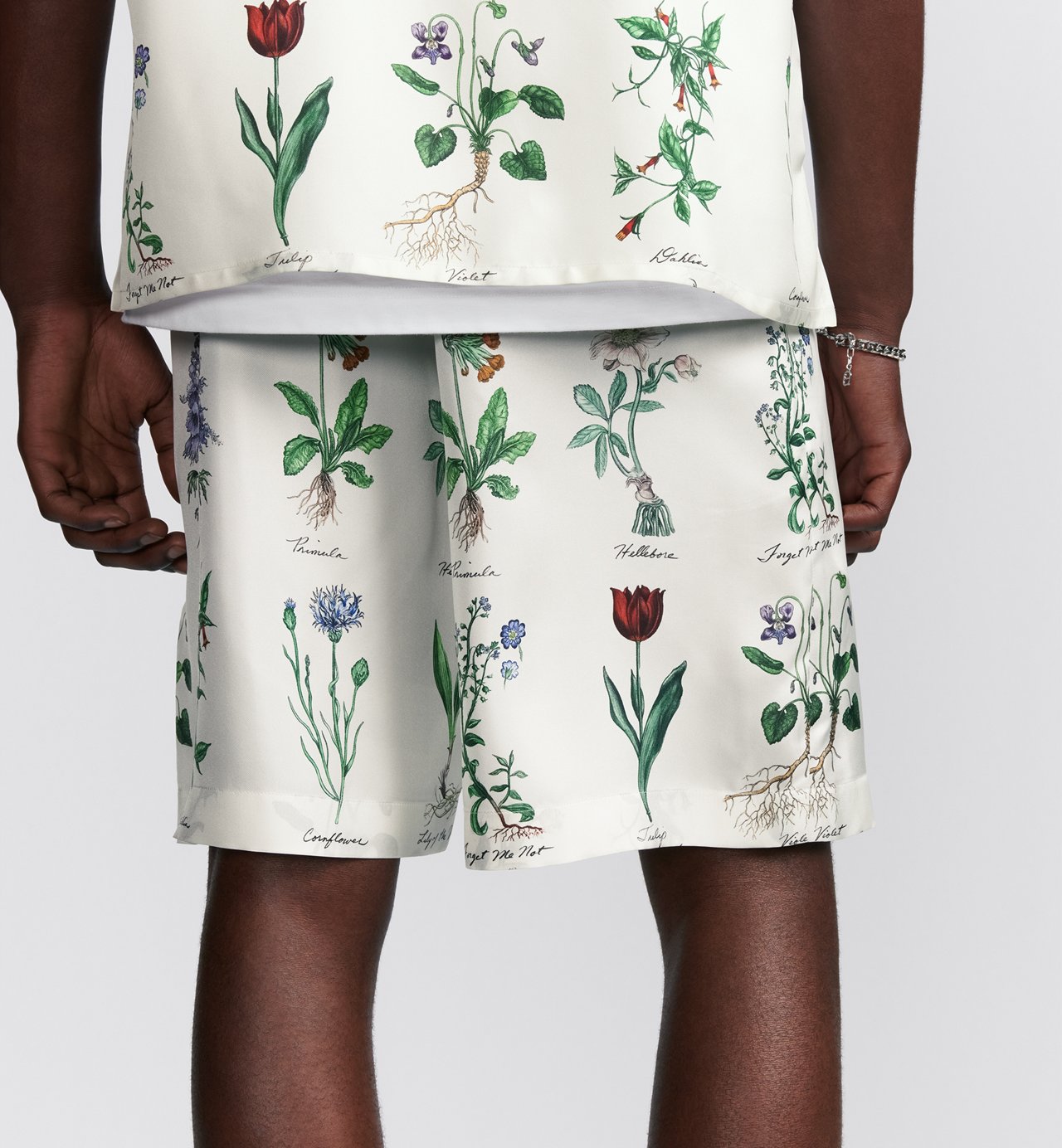 Herbarium Illustration Bermuda Shorts White Silk