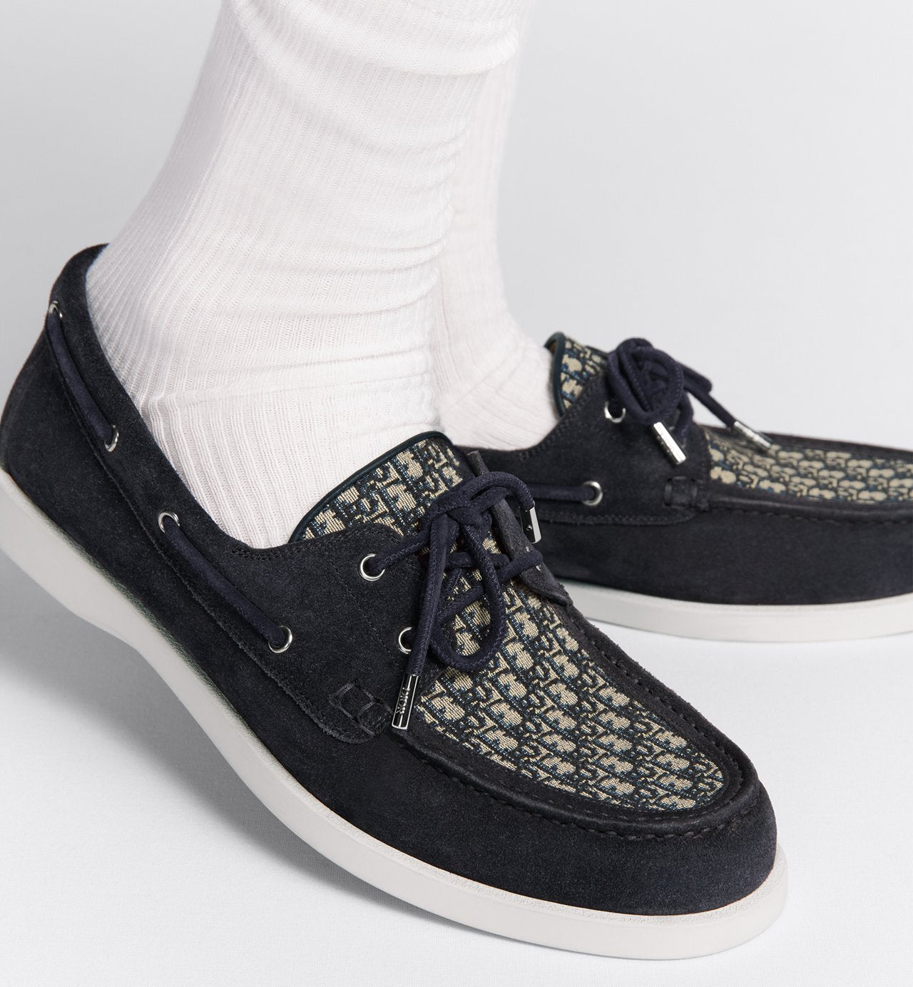 Dior Granville Boat Shoe Navy Blue Suede With Beige And Black Dior Oblique Jacquard