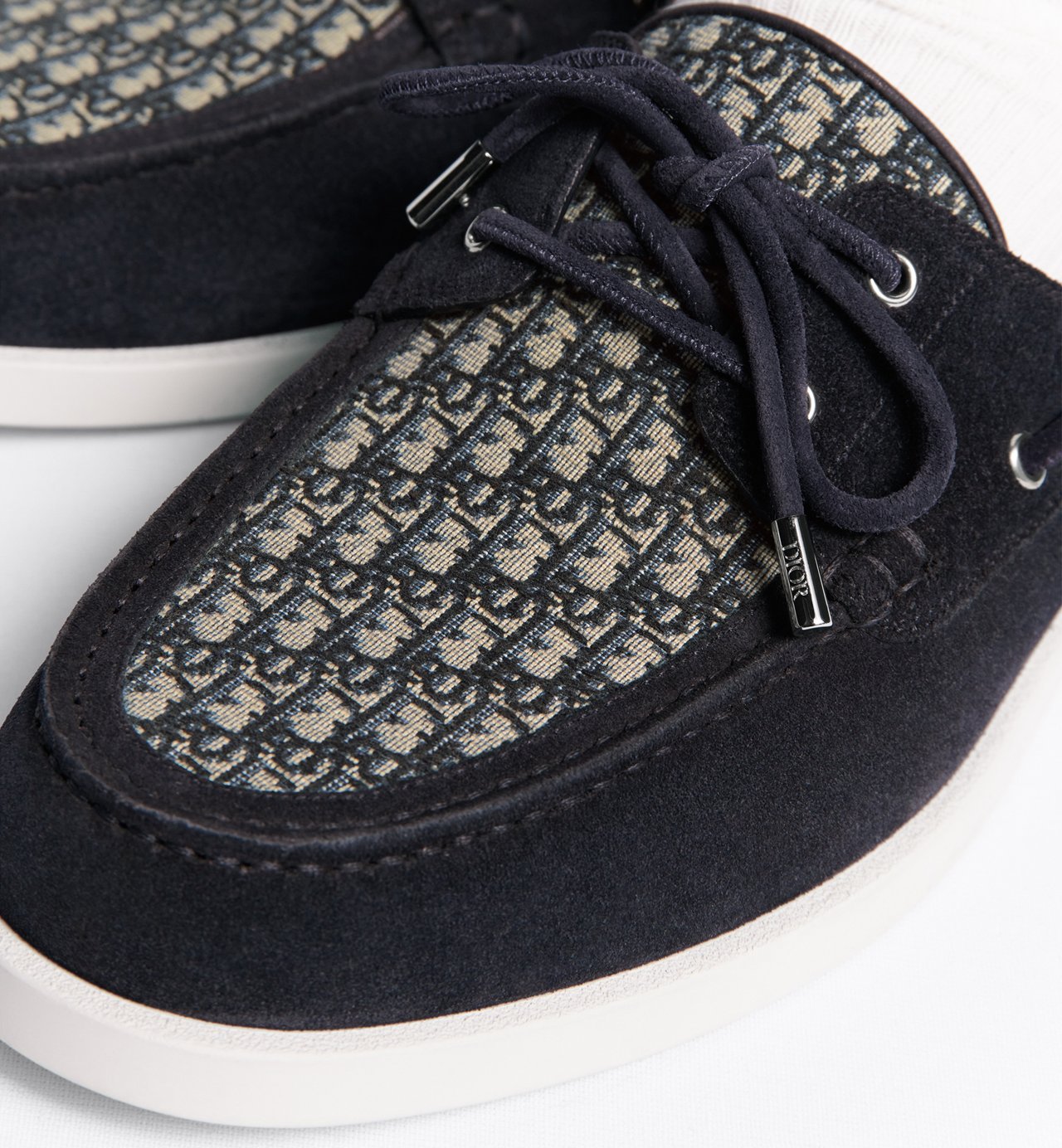 Dior Granville Boat Shoe Navy Blue Suede With Beige And Black Dior Oblique Jacquard