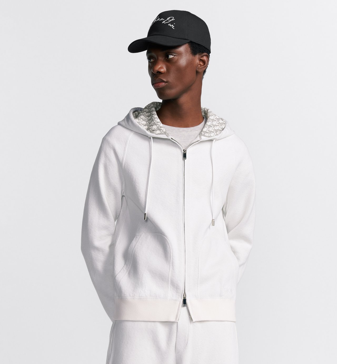 Hooded Track Jacket White Cotton Knit And Cashmere