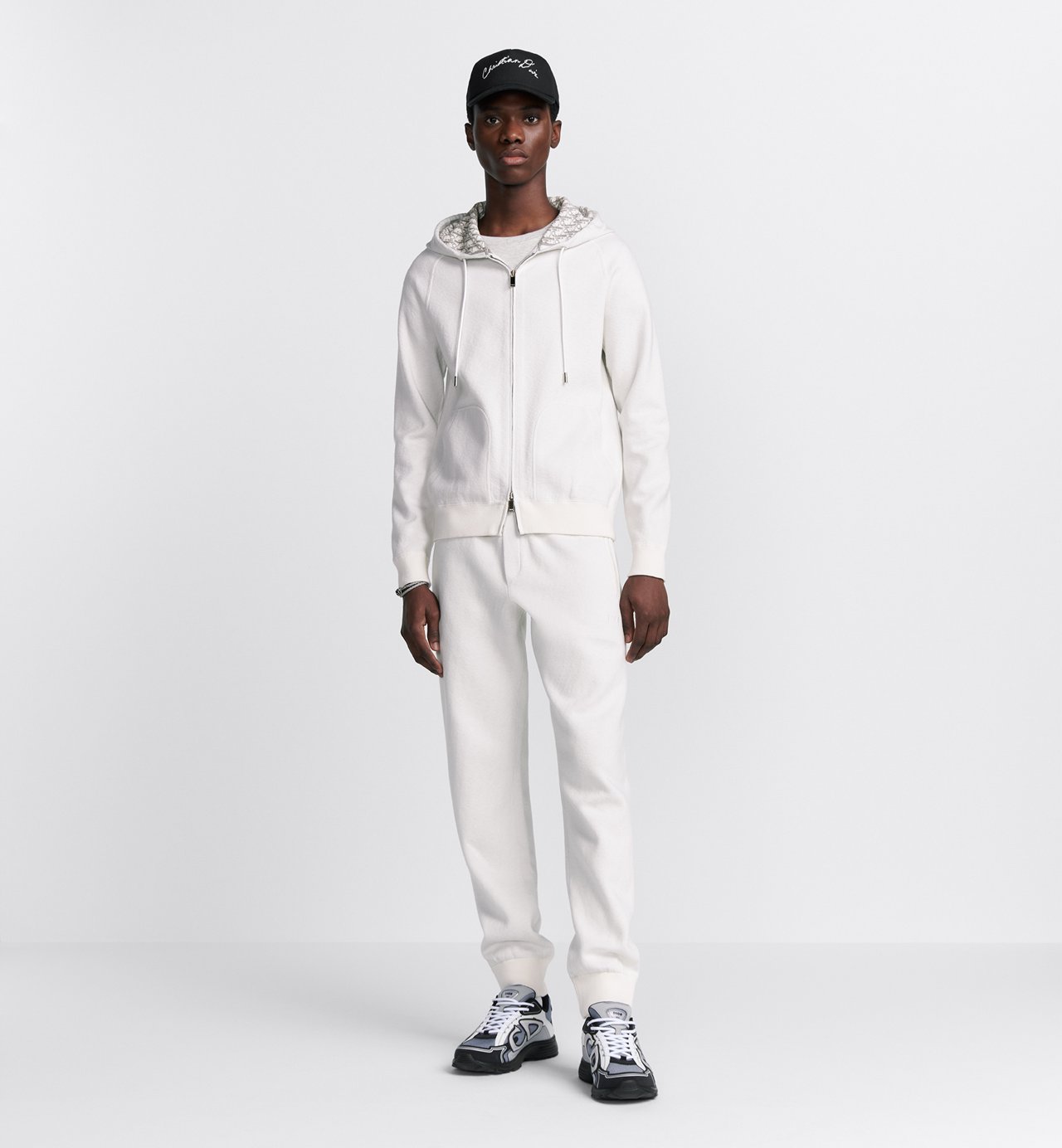 Hooded Track Jacket White Cotton Knit And Cashmere