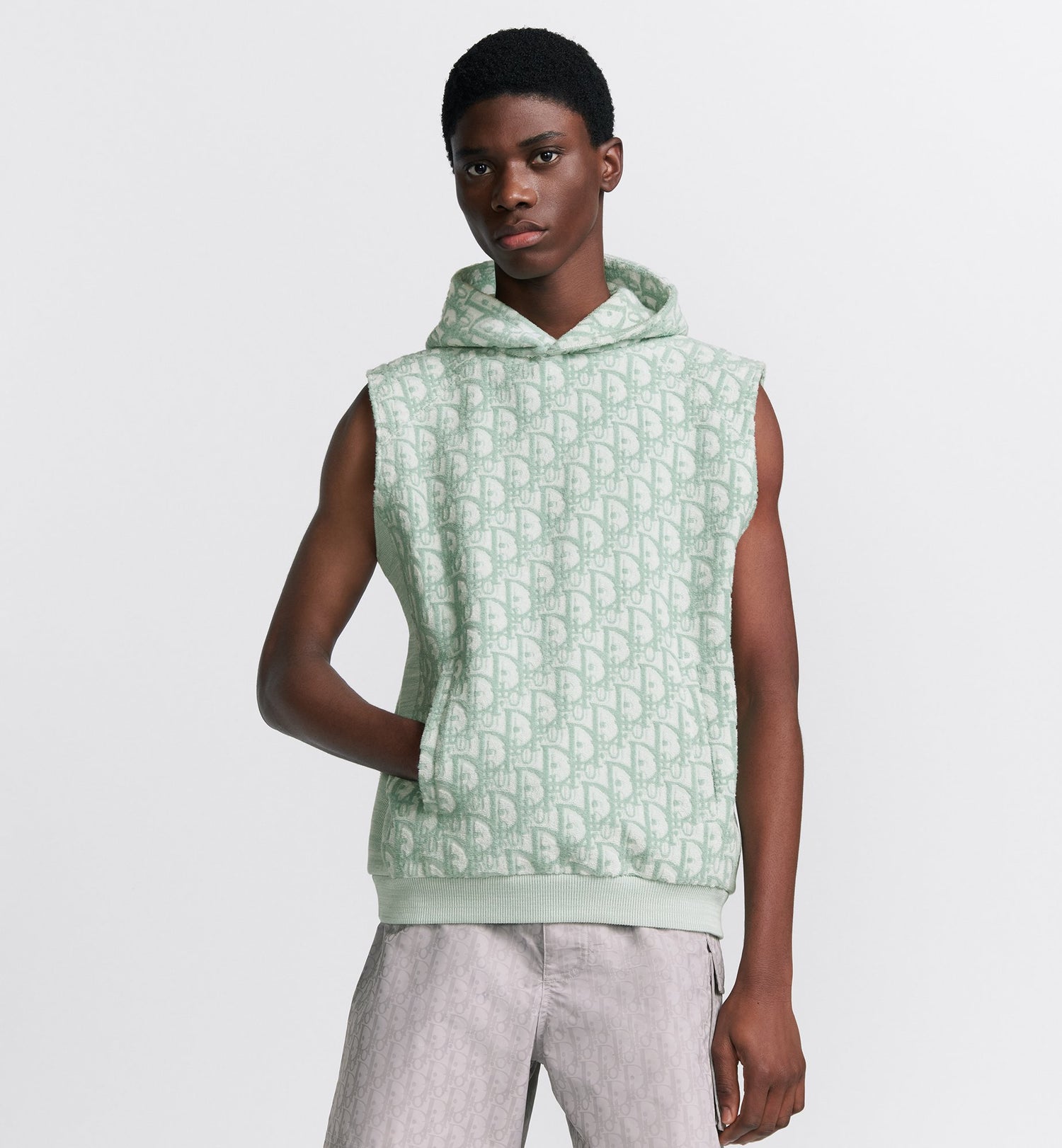 Oblique Sleeveless Hooded Sweatshirt Green And White Terry Cotton Jersey