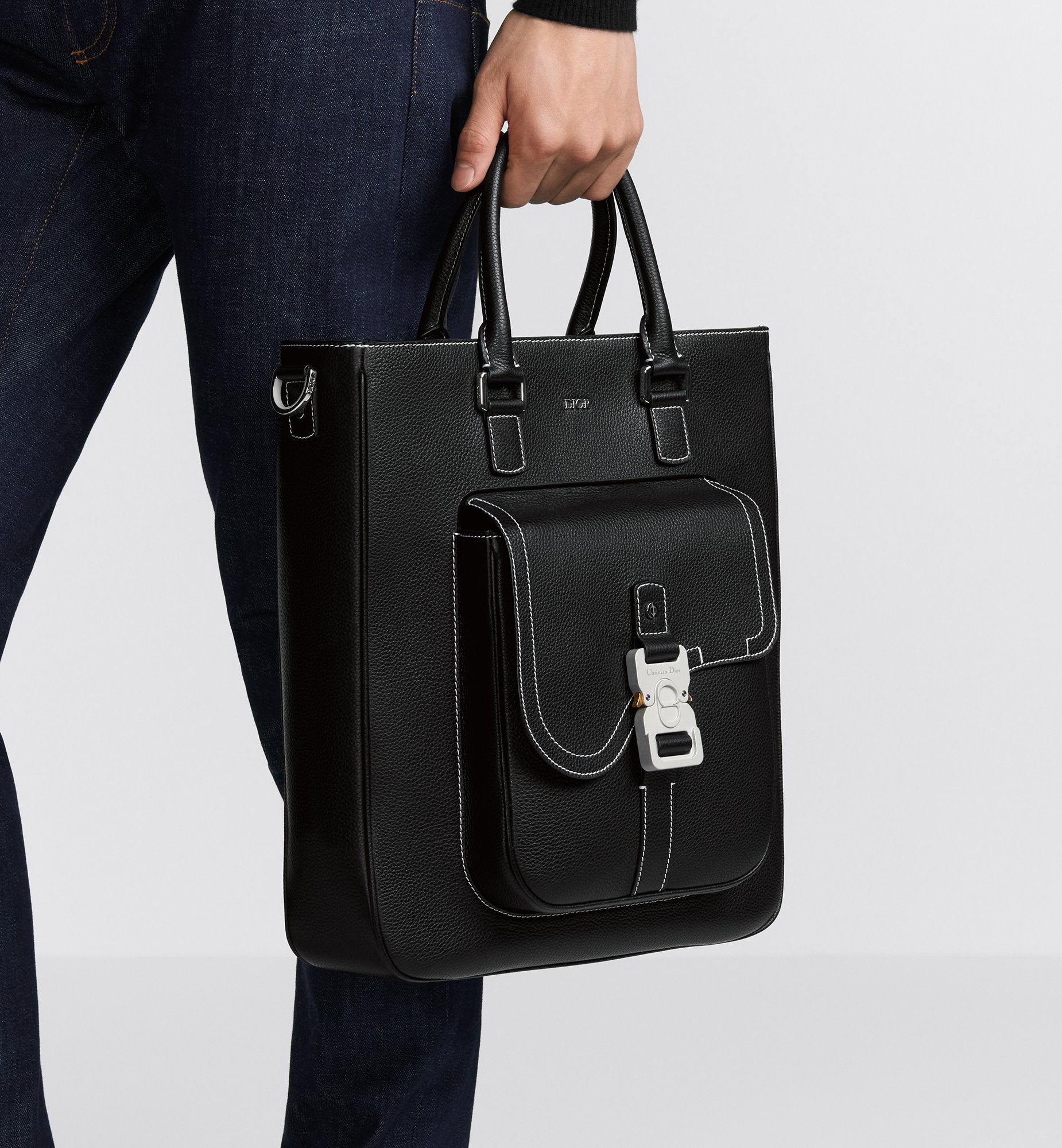 Saddle Tote Bag Black Grained Calfskin