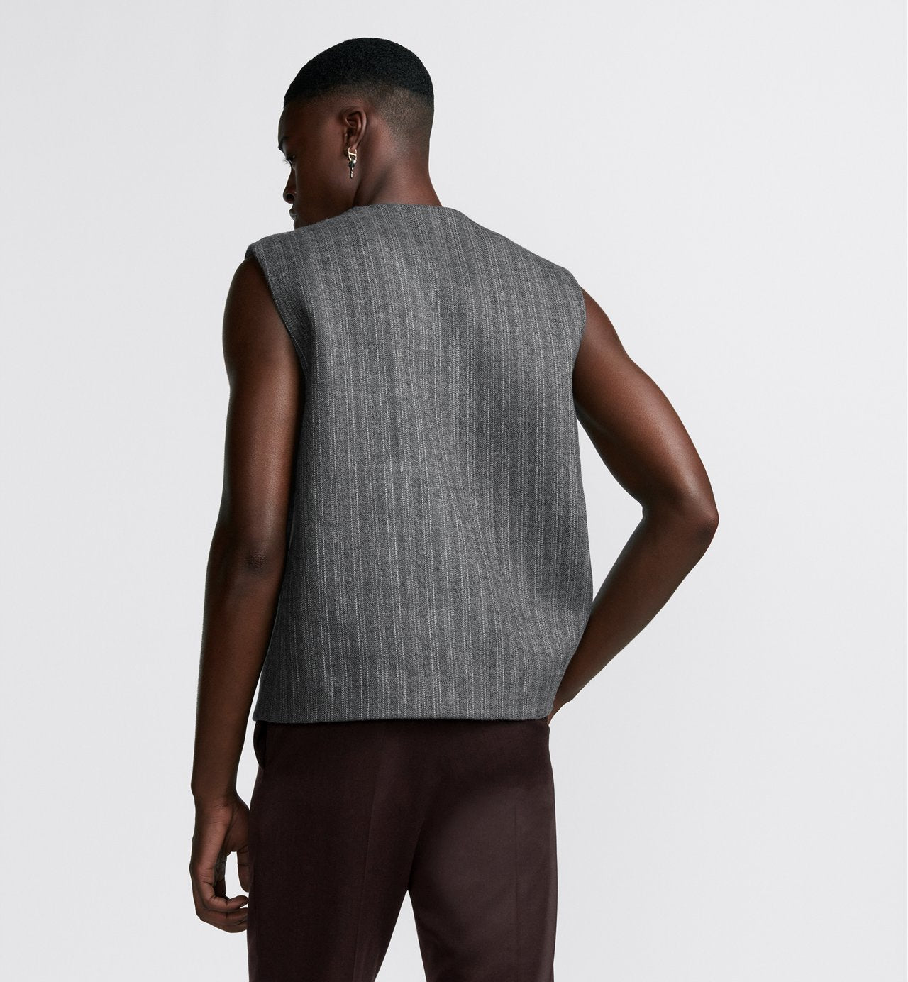 Sleeveless Top With Slit Gray Striped Virgin Wool Twill