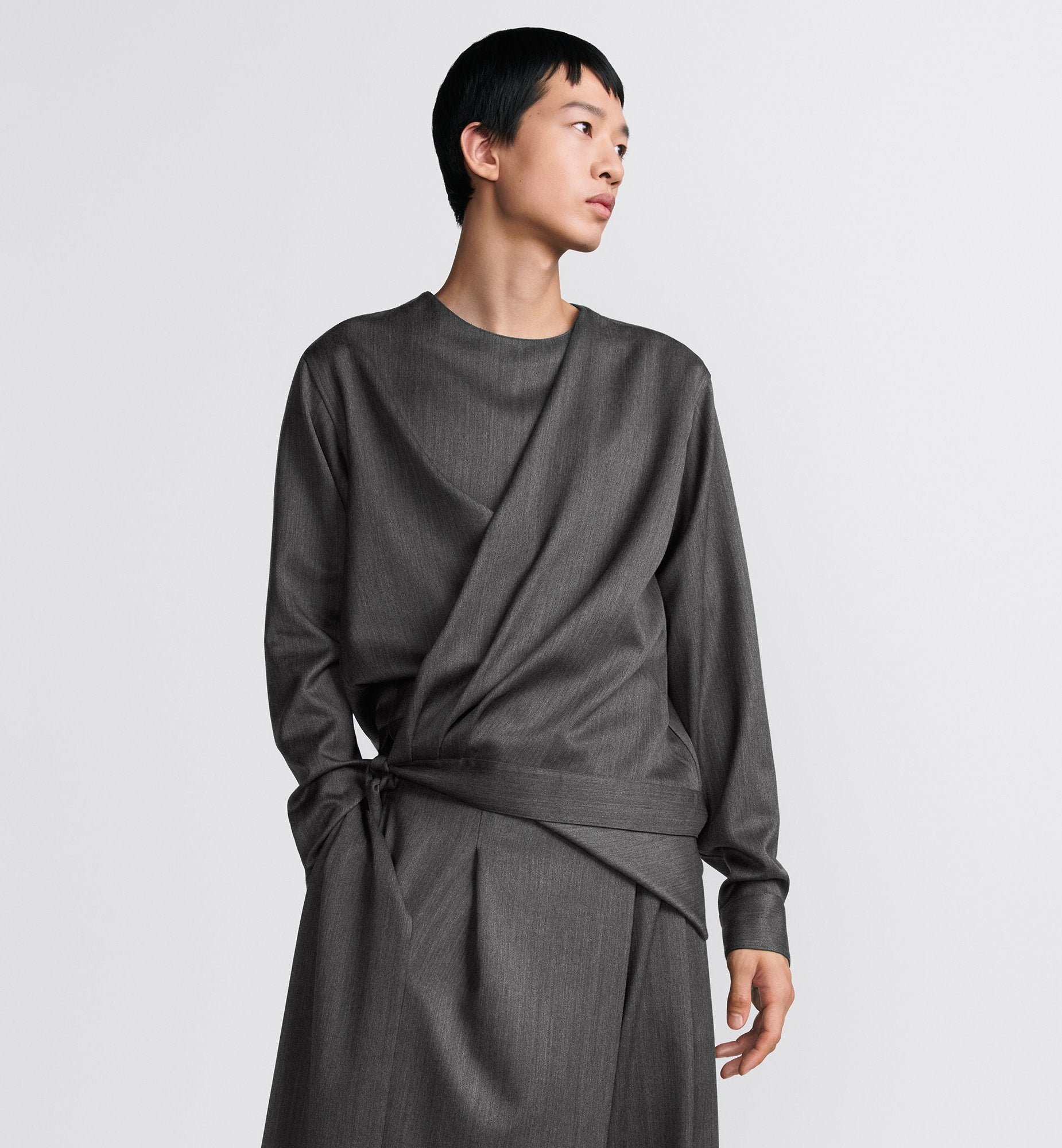 Draped Shirt Anthracite Gray Virgin Wool Twill