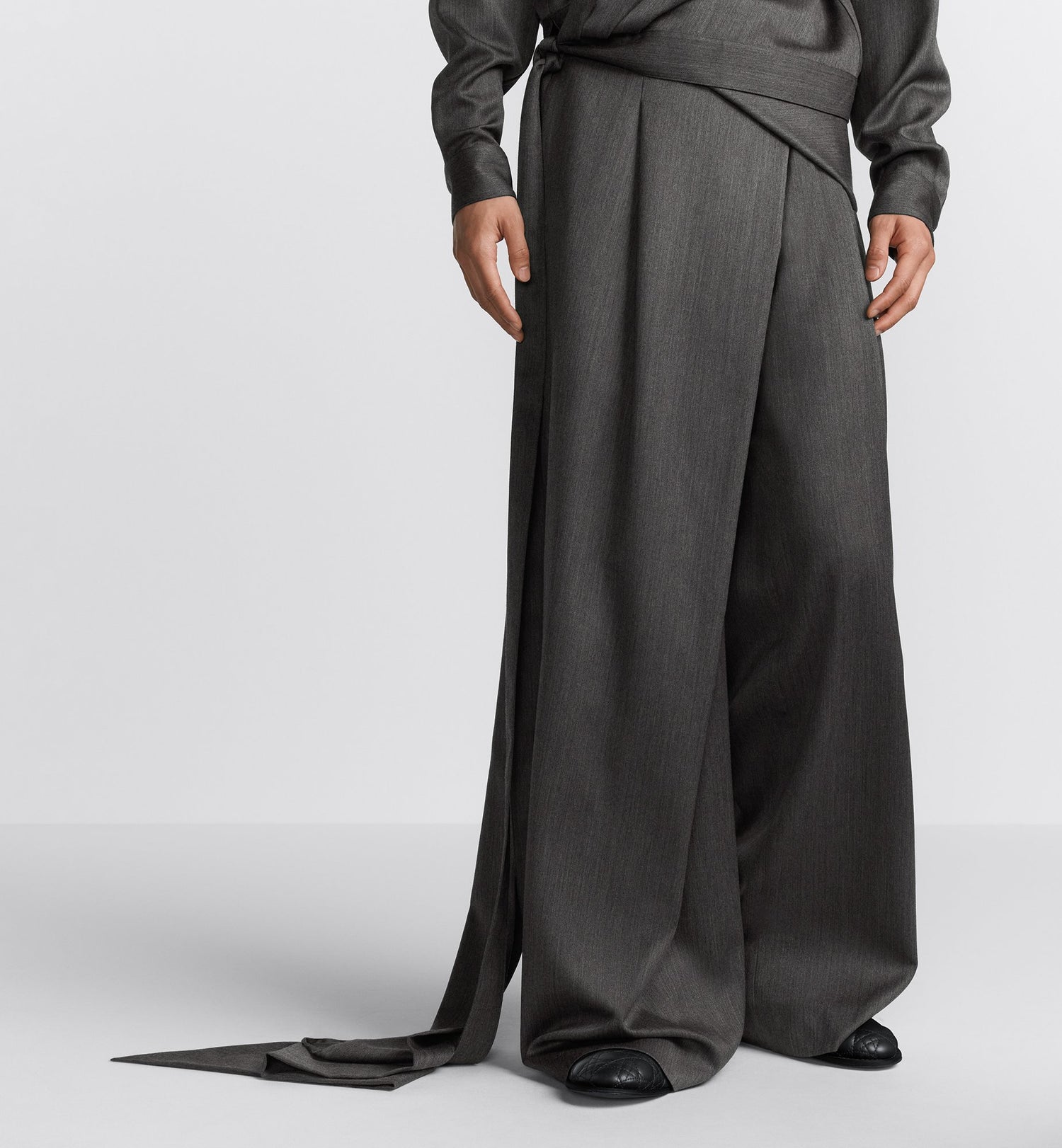 Pants With Scarf Belt Anthracite Gray Virgin Wool Twill