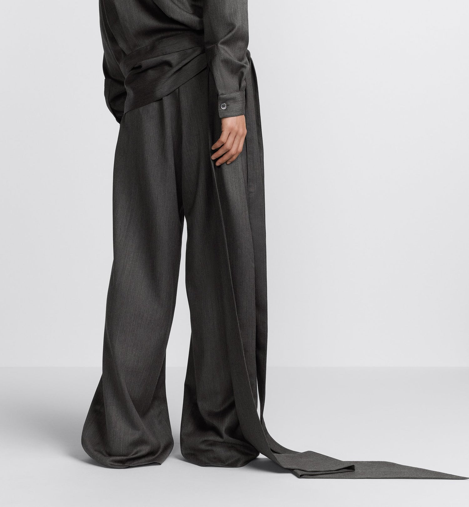 Pants With Scarf Belt Anthracite Gray Virgin Wool Twill