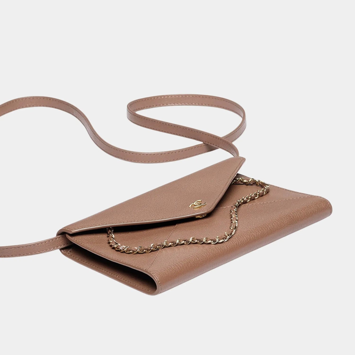 Clutch with Leather Strap in Grained Goatskin &amp; Gold Metal