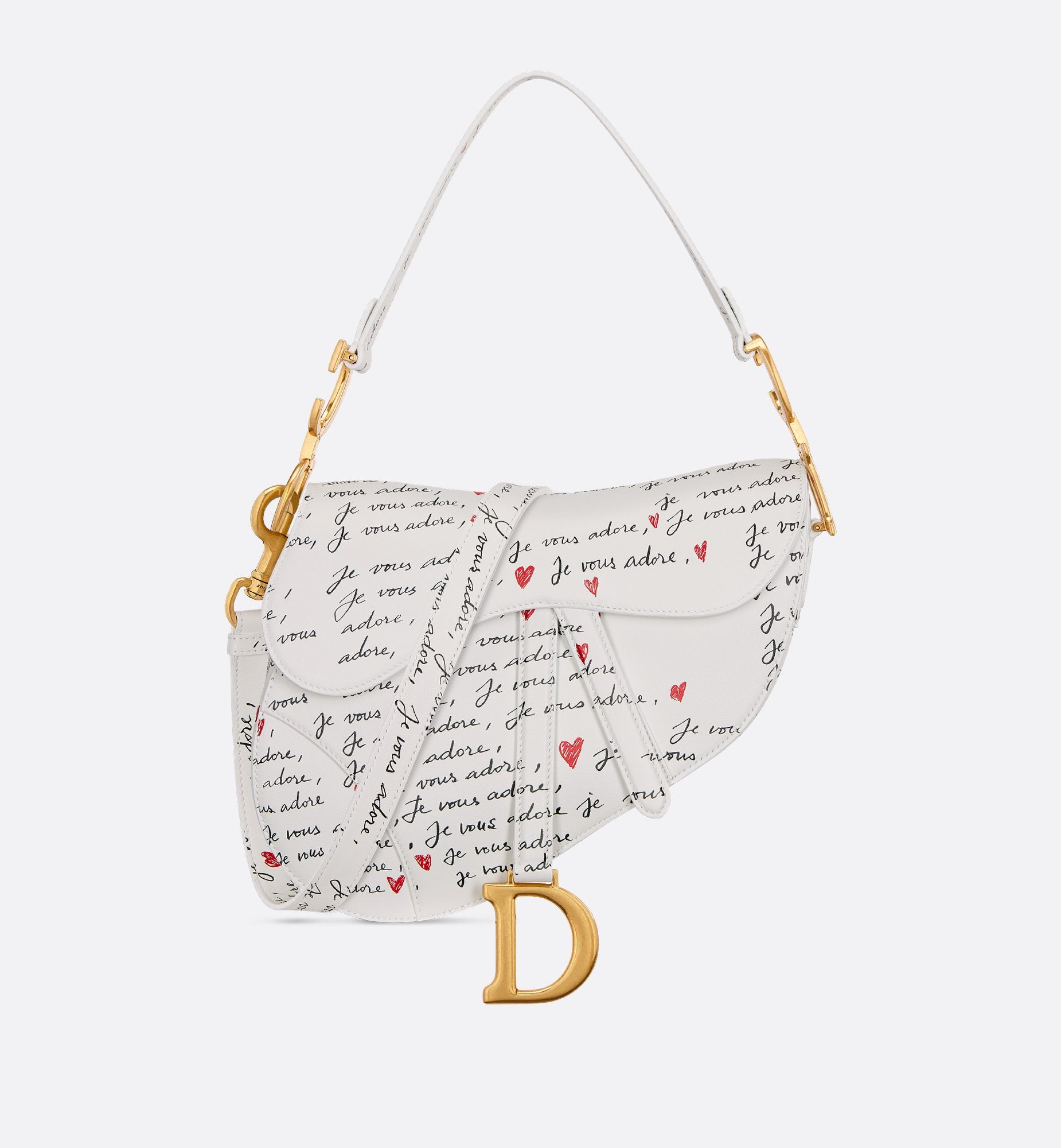 Dioramour Saddle Bag With Strap White Calfskin With Black And Red Je Vous Adore Print