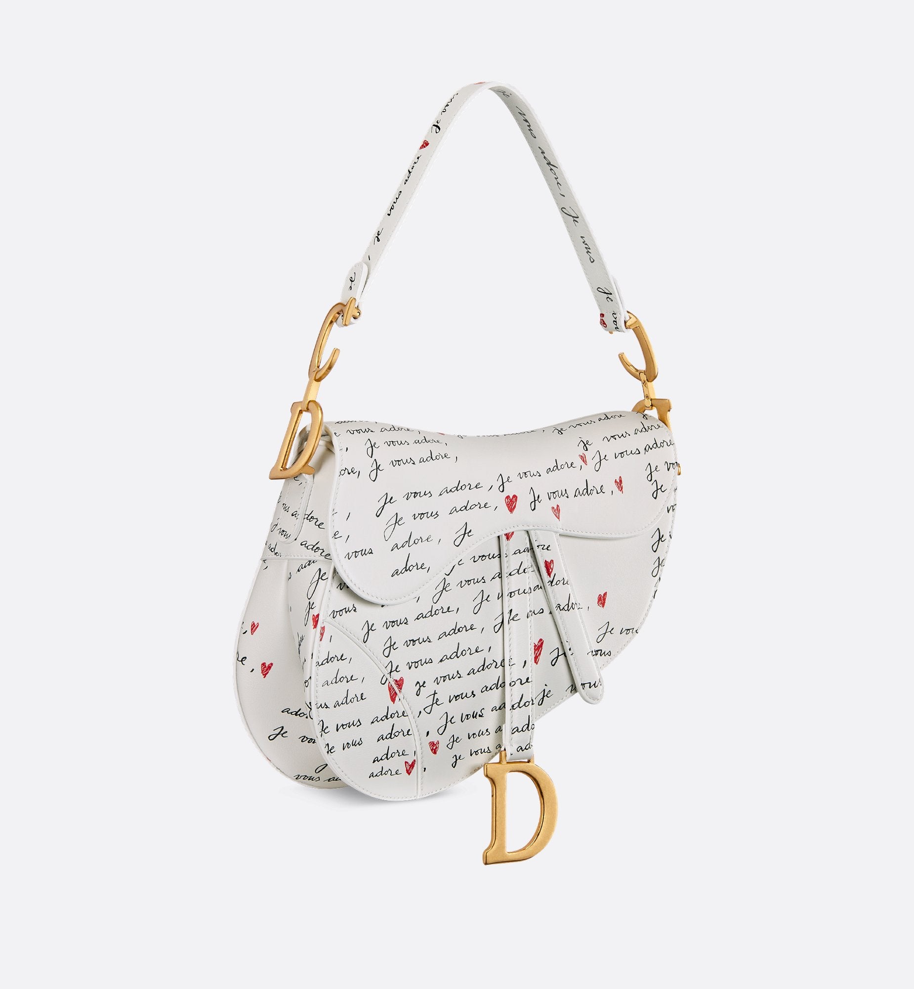 Dioramour Saddle Bag With Strap White Calfskin With Black And Red Je Vous Adore Print