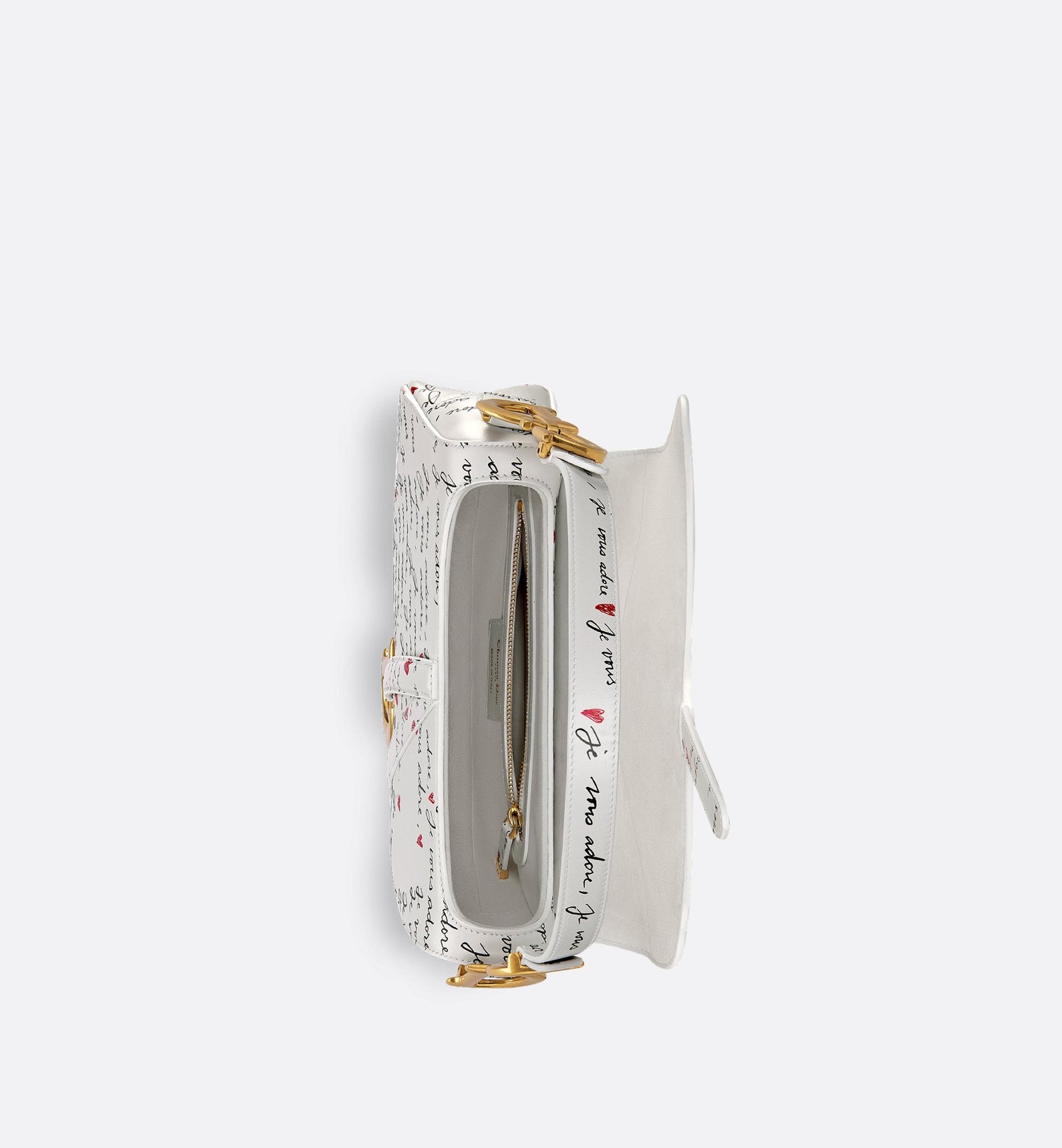 Dioramour Saddle Bag With Strap White Calfskin With Black And Red Je Vous Adore Print