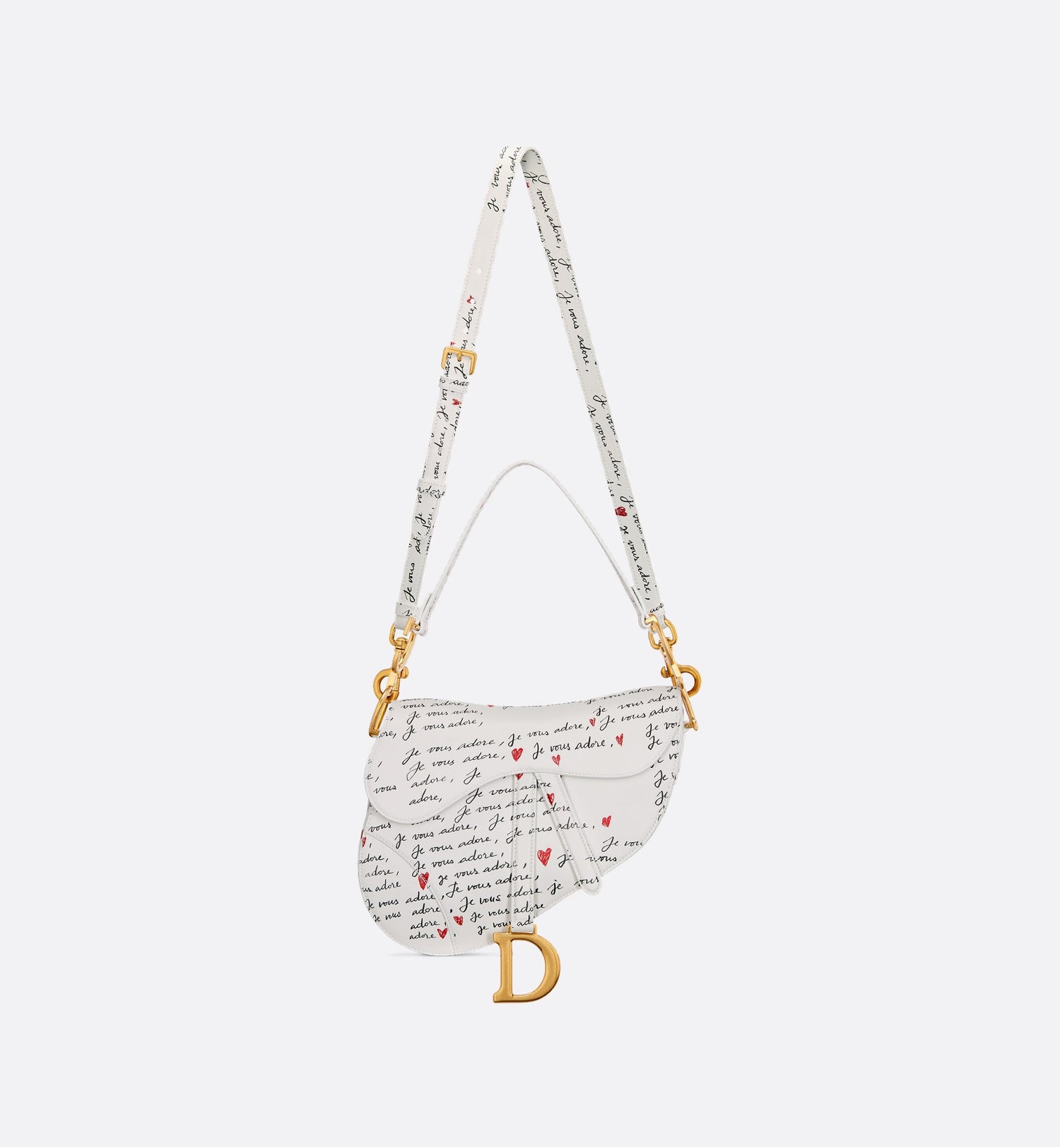 Dioramour Saddle Bag With Strap White Calfskin With Black And Red Je Vous Adore Print