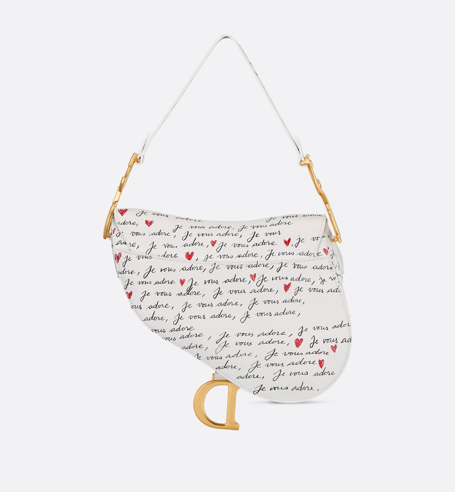 Dioramour Saddle Bag With Strap White Calfskin With Black And Red Je Vous Adore Print