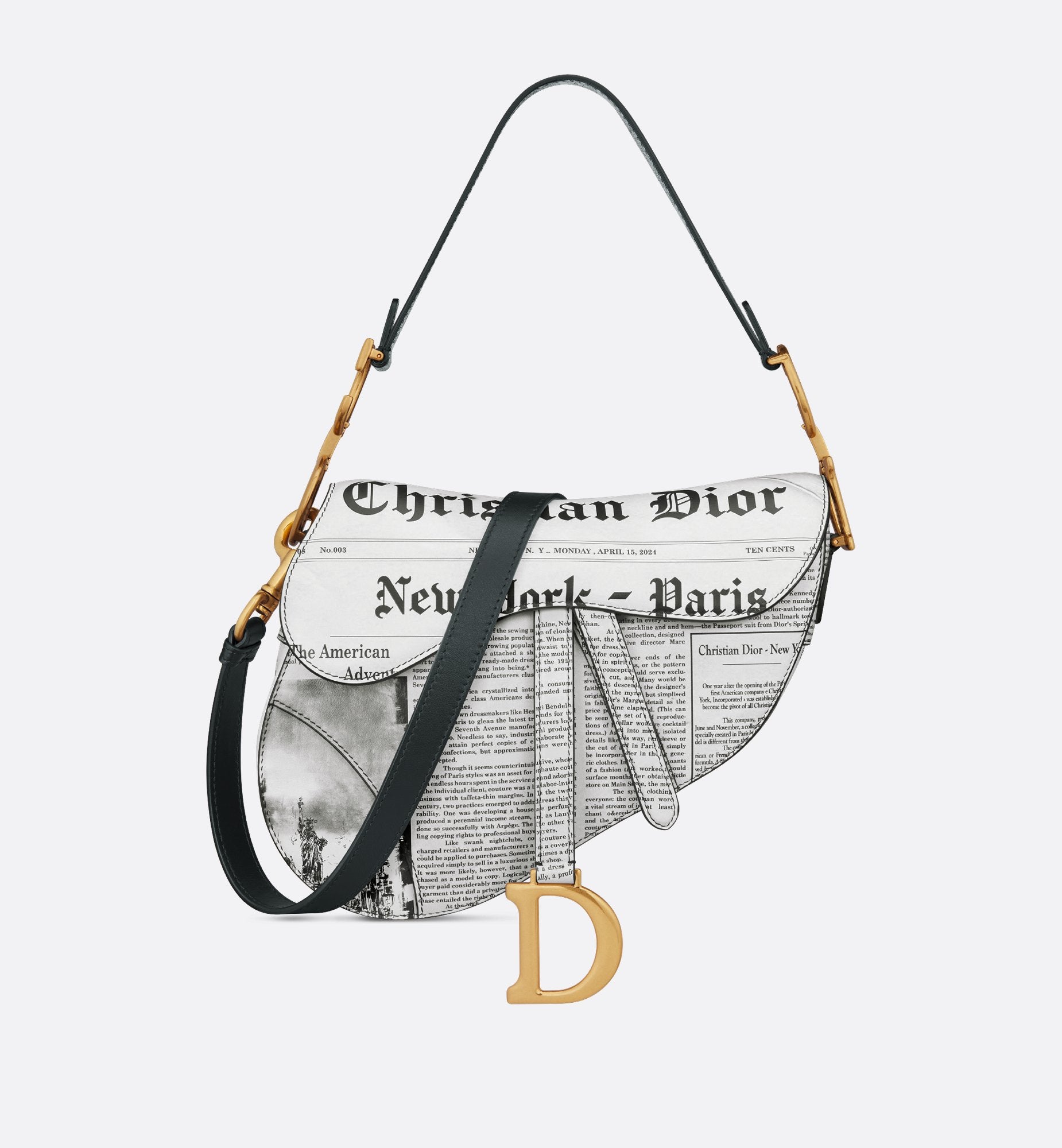 Saddle Bag With Strap White And Black Calfskin With Newspaper Print