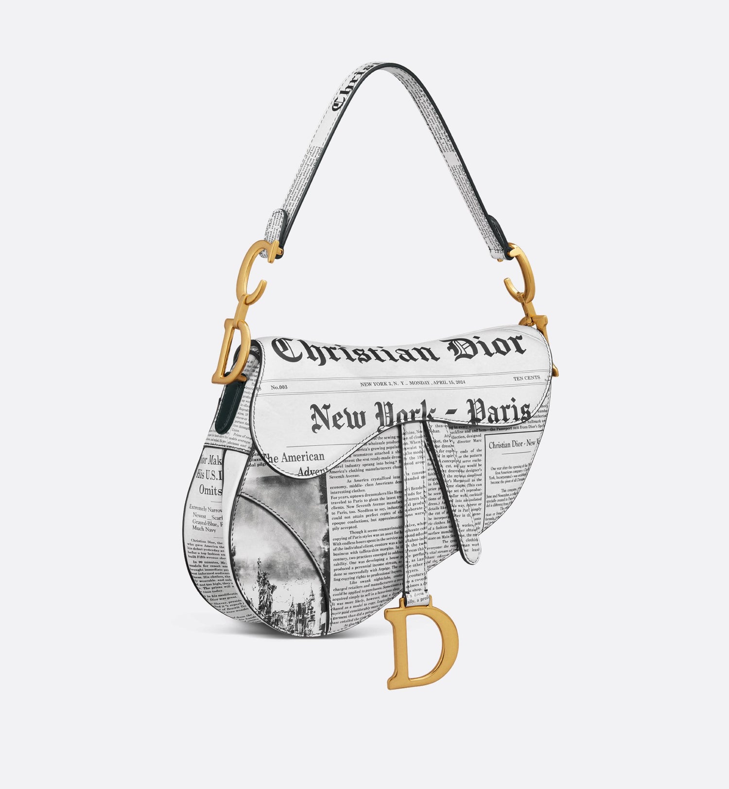 Saddle Bag With Strap White And Black Calfskin With Newspaper Print