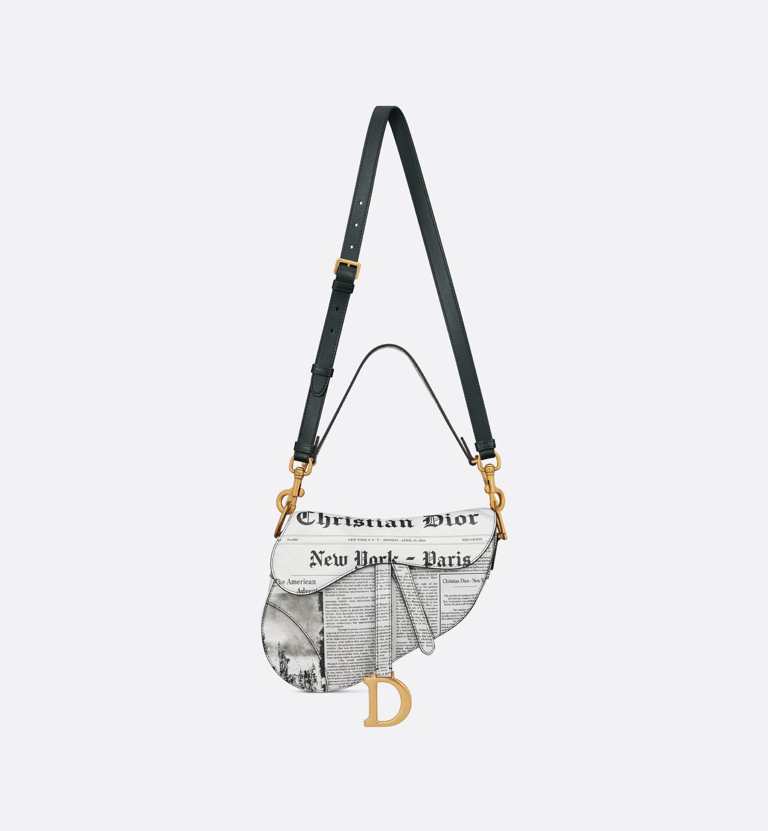 Saddle Bag With Strap White And Black Calfskin With Newspaper Print