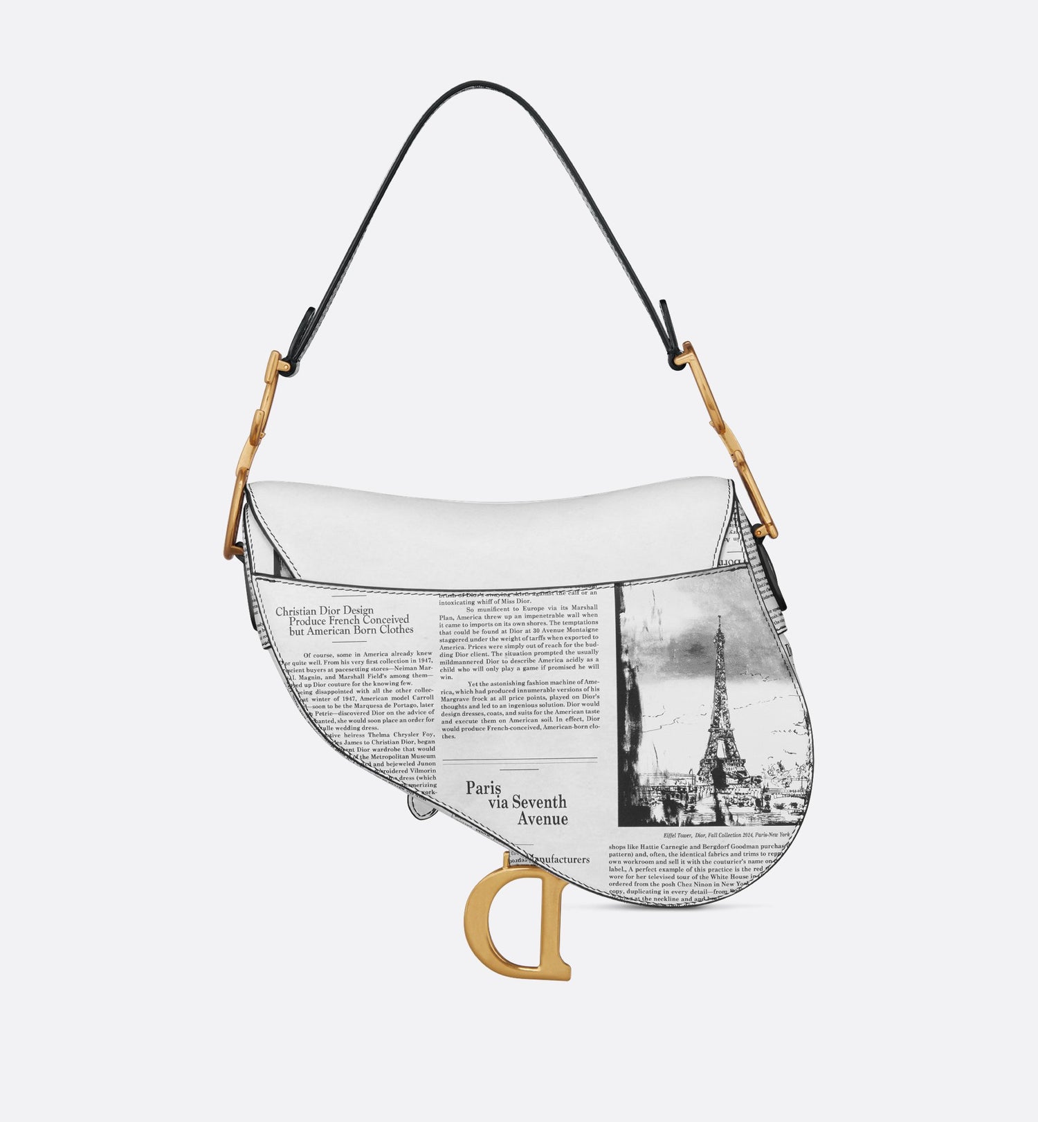 Saddle Bag With Strap White And Black Calfskin With Newspaper Print