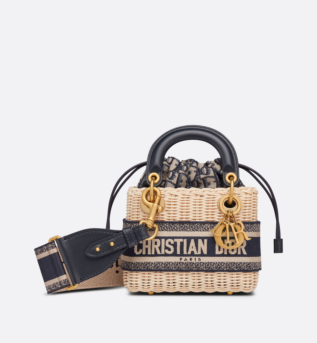 Mini Lady Dior Bag Natural Wicker And Blue Dior Oblique Jacquard