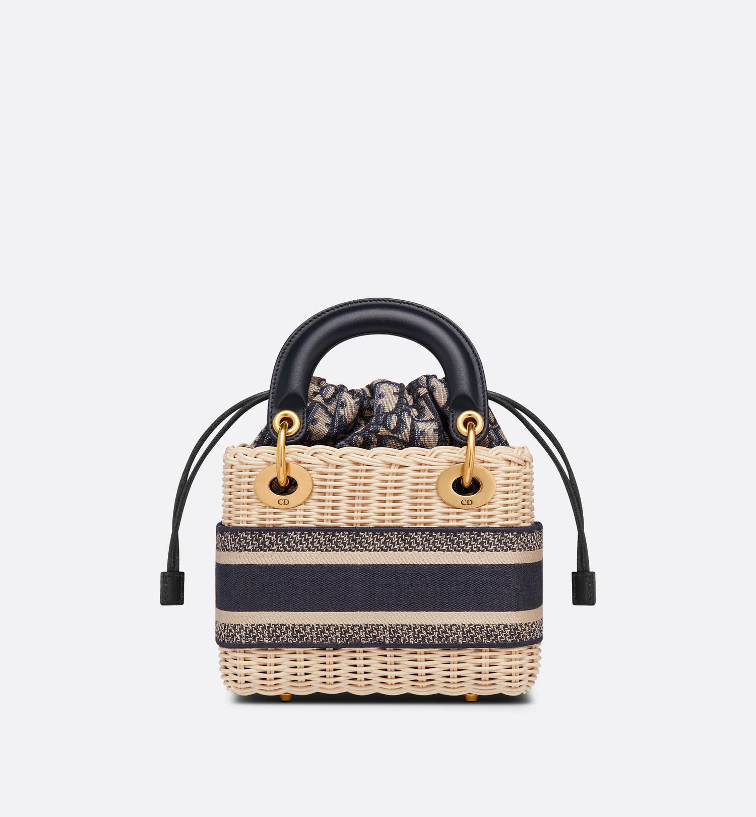 Mini Lady Dior Bag Natural Wicker And Blue Dior Oblique Jacquard