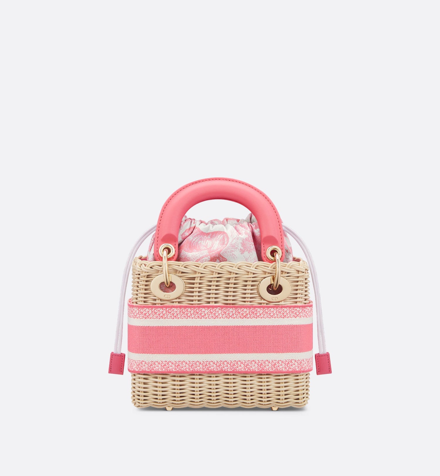 Mini Dioriviera Lady Dior Bag Natural Wicker And Candy Pink Toile De Jouy Jacquard