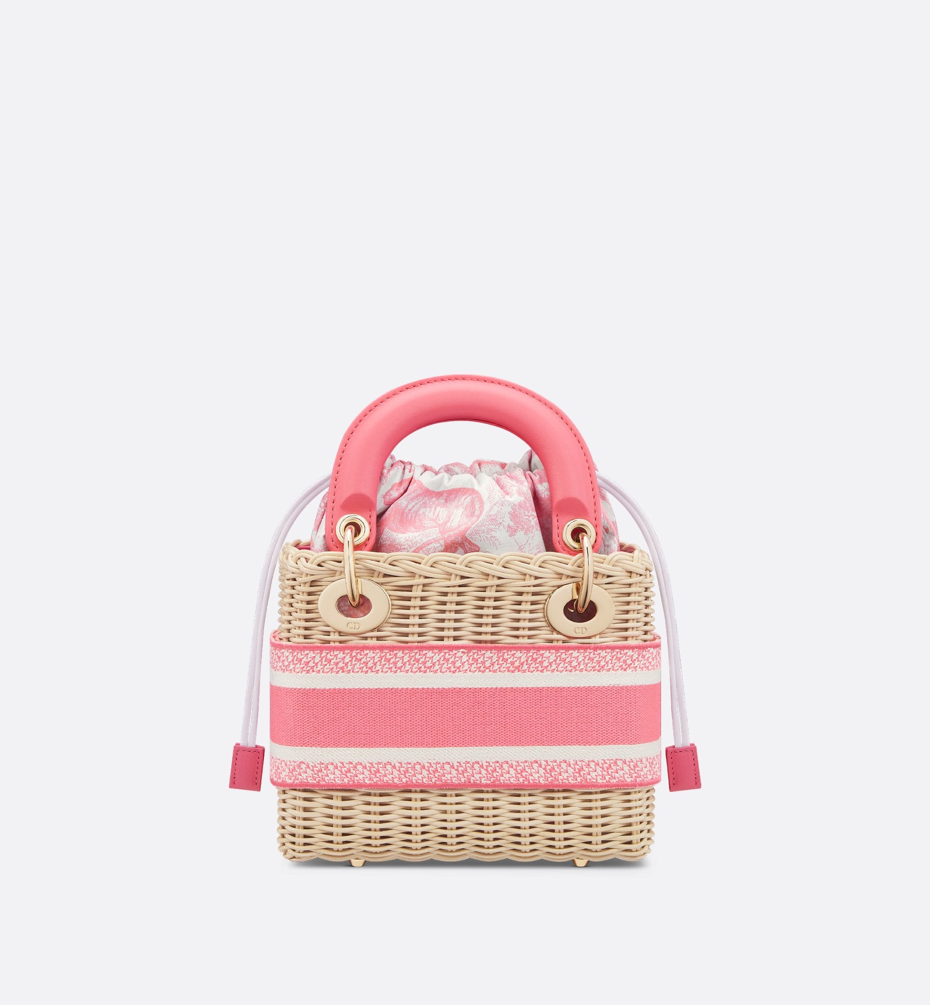 Mini Dioriviera Lady Dior Bag Natural Wicker And Candy Pink Toile De Jouy Jacquard