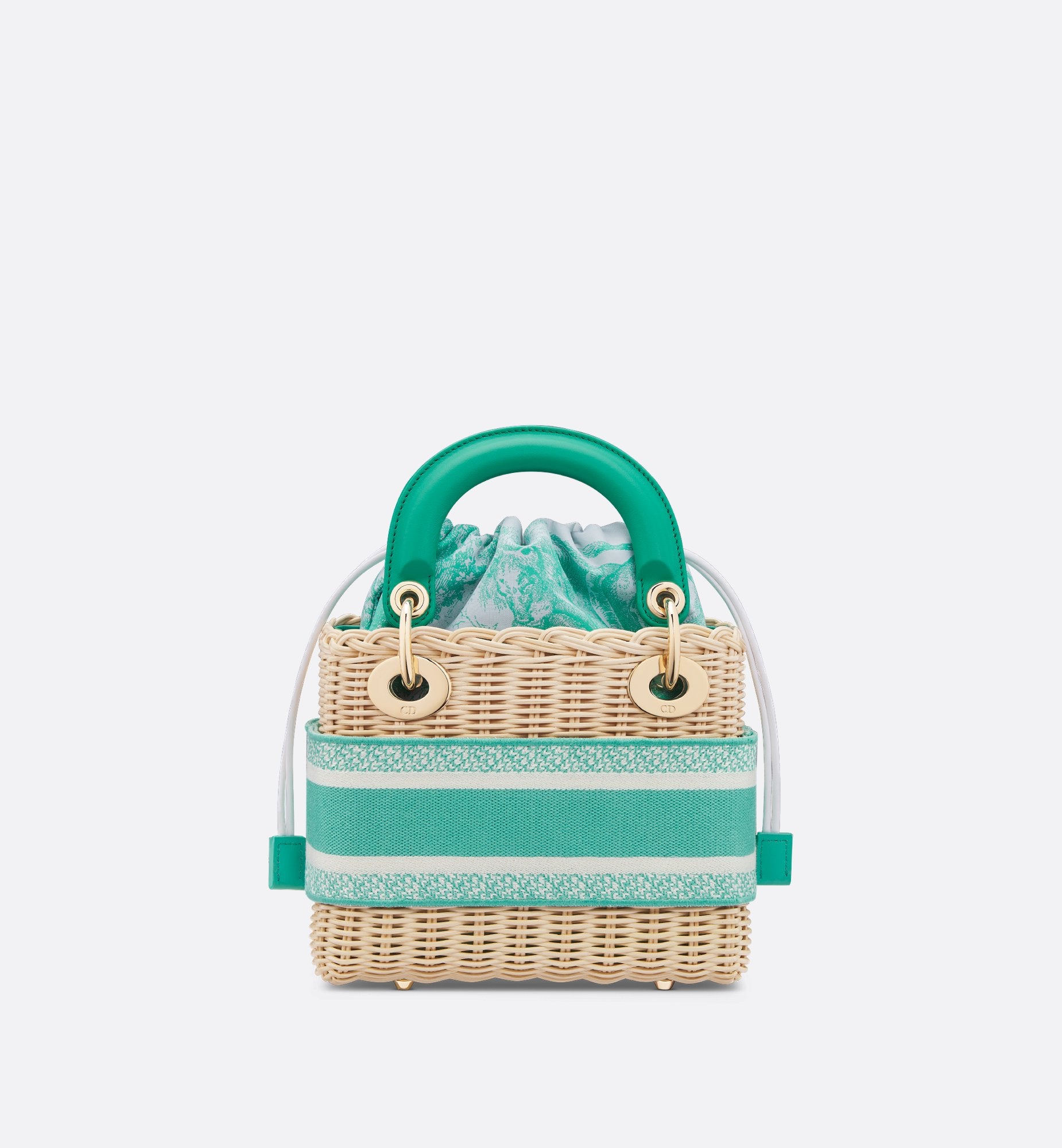 Mini Dioriviera Lady Dior Bag Natural Wicker And Aquamarina Toile De Jouy Jacquard