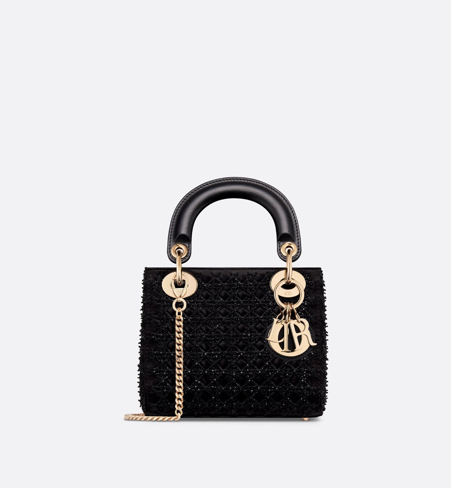 Mini Lady Dior Bag Black Satin Embroidered With Beaded Cannage Motif