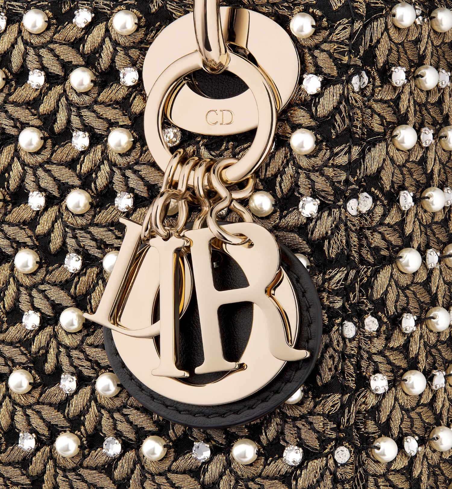 Mini Lady Dior Bag Cotton Embroidered With Resin Pearls, Crystals And Gold-Tone Metallic Thread