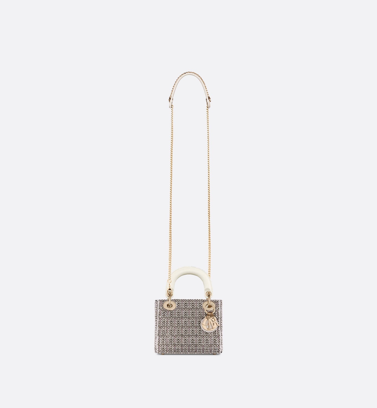 Mini Lady Dior Bag Latte Cotton Embroidered With Silver-Tone Crystals And Beads